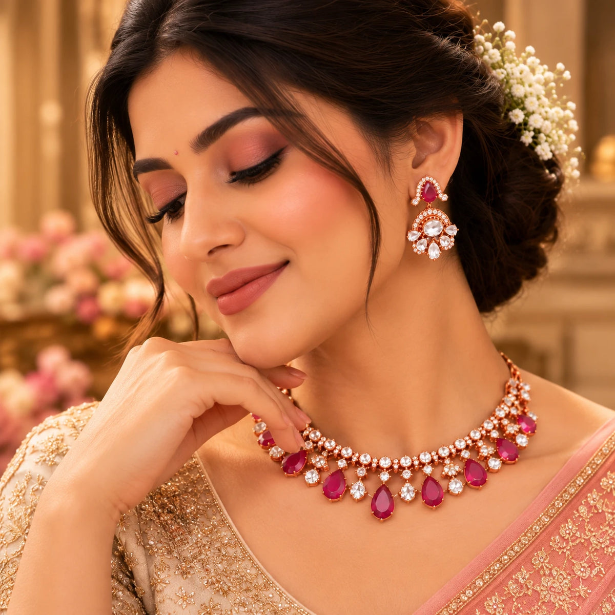 Gajaah 925 sterling silver emerald necklace and earrings set featuring intricate Indian bridal jewelry design for women.