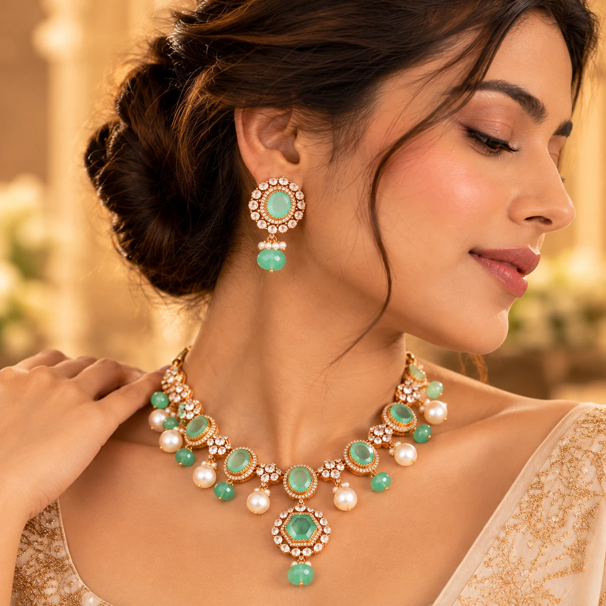 Gajaah 925 sterling silver multicolor stone necklace and earrings set with mint-green accents, elegant bridal jewelry for women