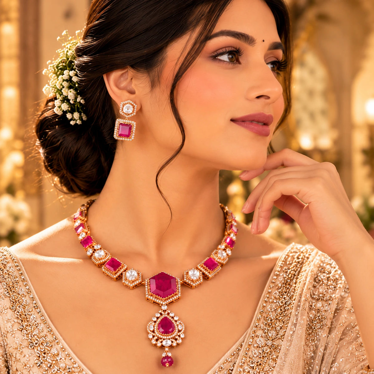 Gajaah 925 sterling silver necklace and earrings set with elegant ruby accents, minimal and premium jewelry for women.