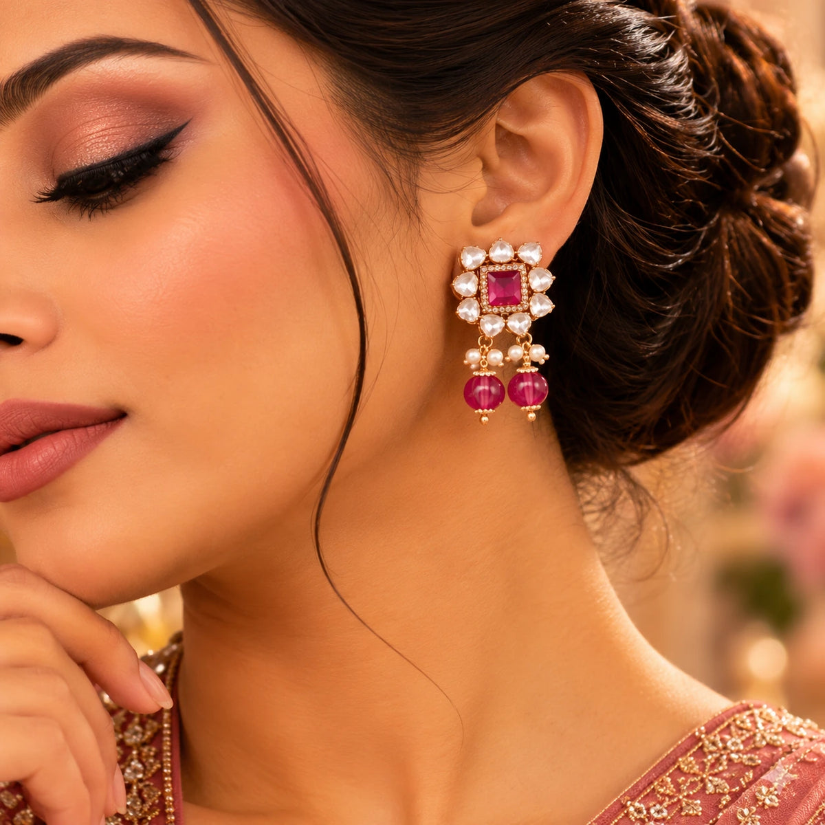 Elegant Gajaah 925 sterling silver ruby chandelier earrings featuring intricate design and bright red gemstones for women.