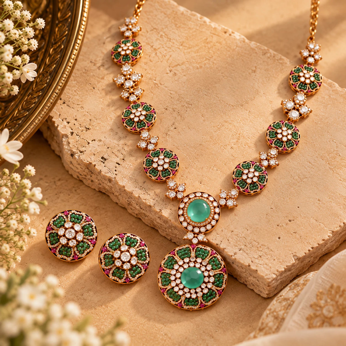 Gajaah 925 sterling silver emerald stone floral necklace and earrings set, elegant bridal and festive jewelry with gold accents.