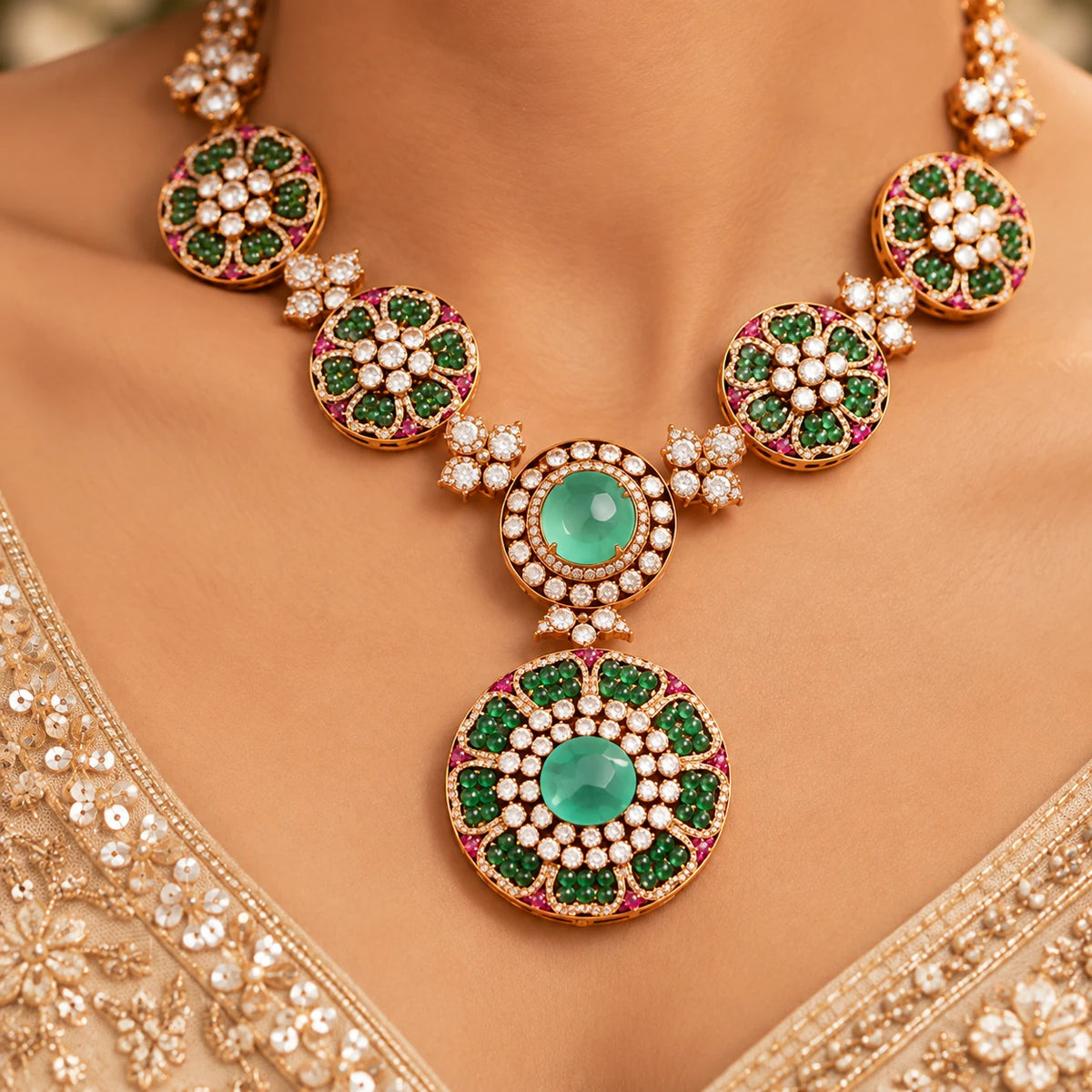 Gajaah 925 sterling silver emerald floral necklace close-up, showcasing intricate design and vibrant green gemstone details.