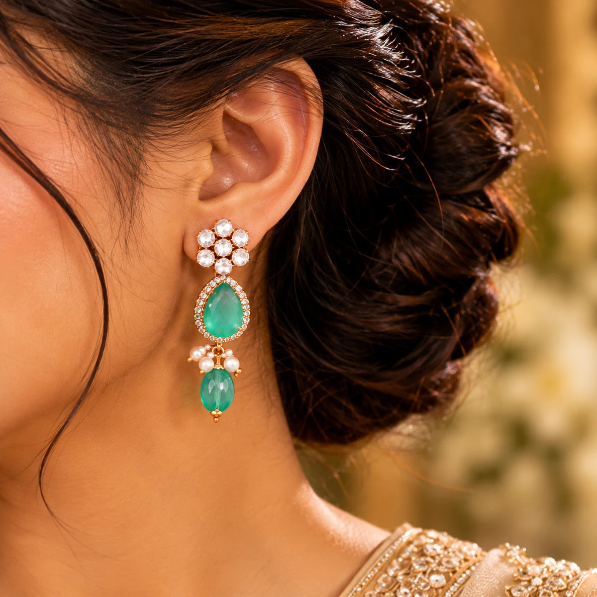 Gajaah 925 sterling silver emerald bridal earrings featuring intricate design and polished finish, perfect for festive occasions.