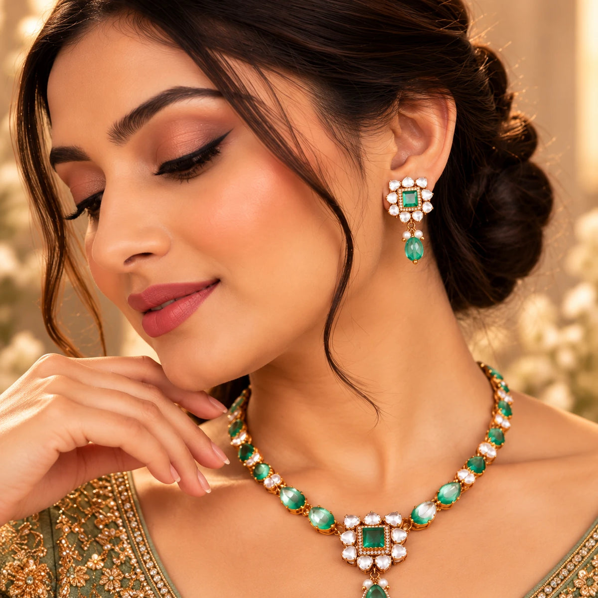 Gajaah 925 sterling silver necklace and earrings set featuring emerald accents, elegant minimal jewelry for women.