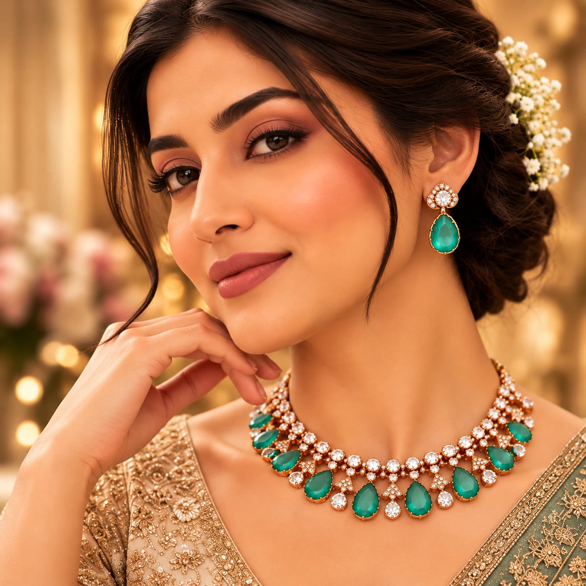 Gajaah 925 sterling silver emerald necklace and earrings set with bridal and festive jewelry design, glowing in golden light.