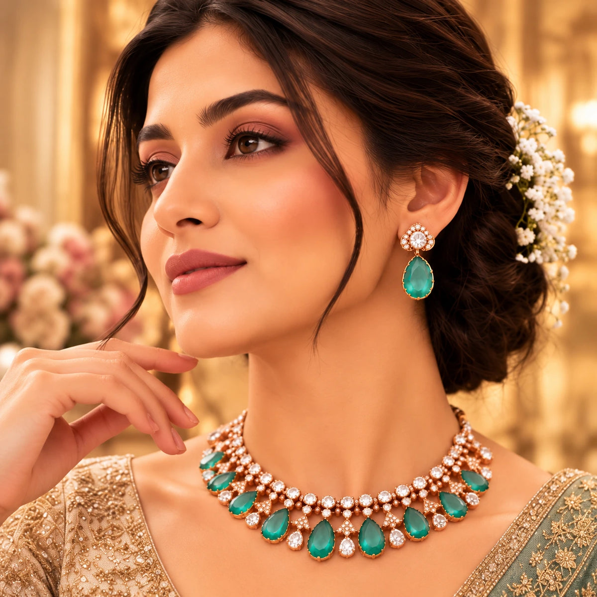 Gajaah 925 Sterling Silver emerald bridal necklace and earrings set, featuring intricate silver craftsmanship and vibrant emerald stones.