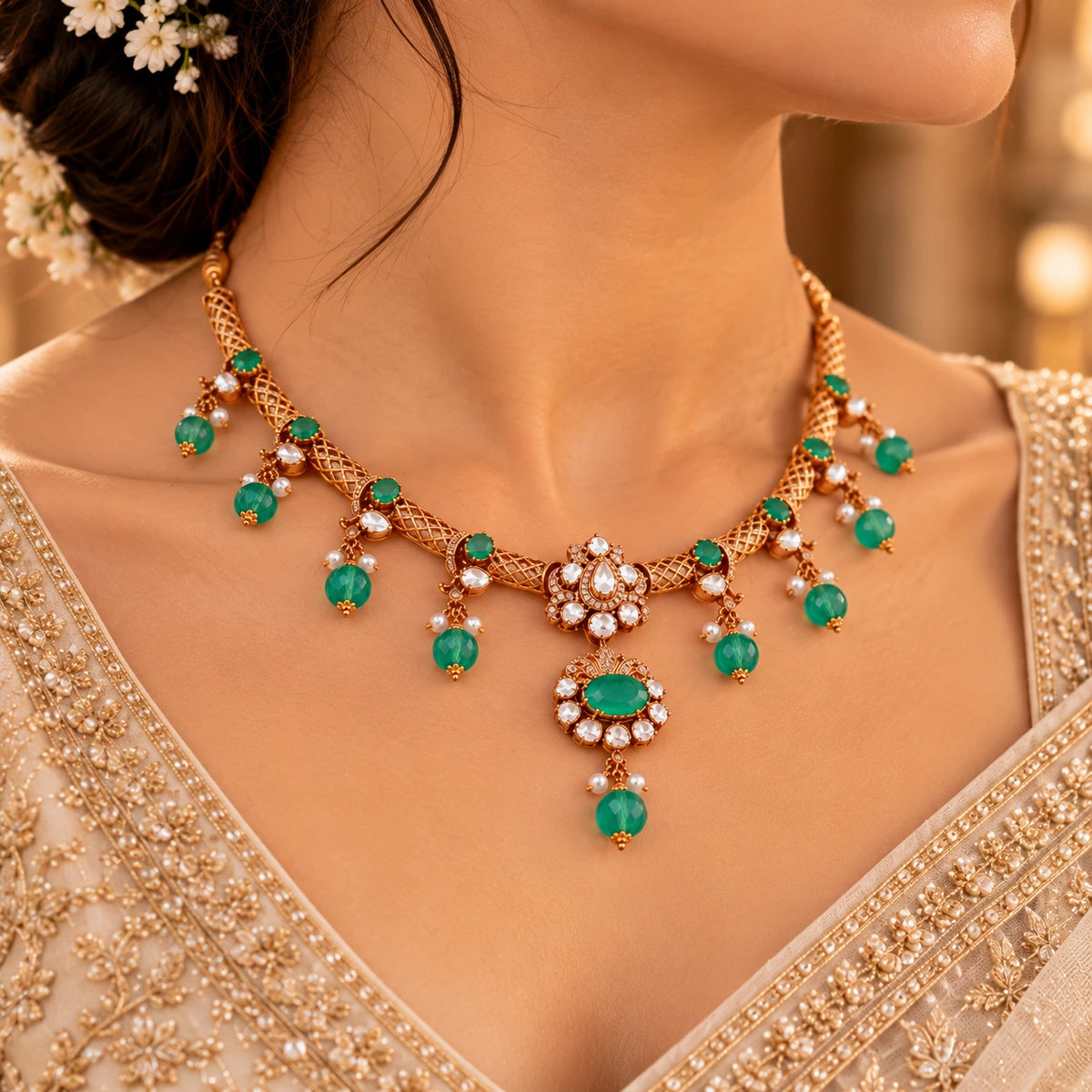 Gajaah 925 sterling silver emerald green bridal necklace with gold latticework and matching earrings, traditional jewelry for women.