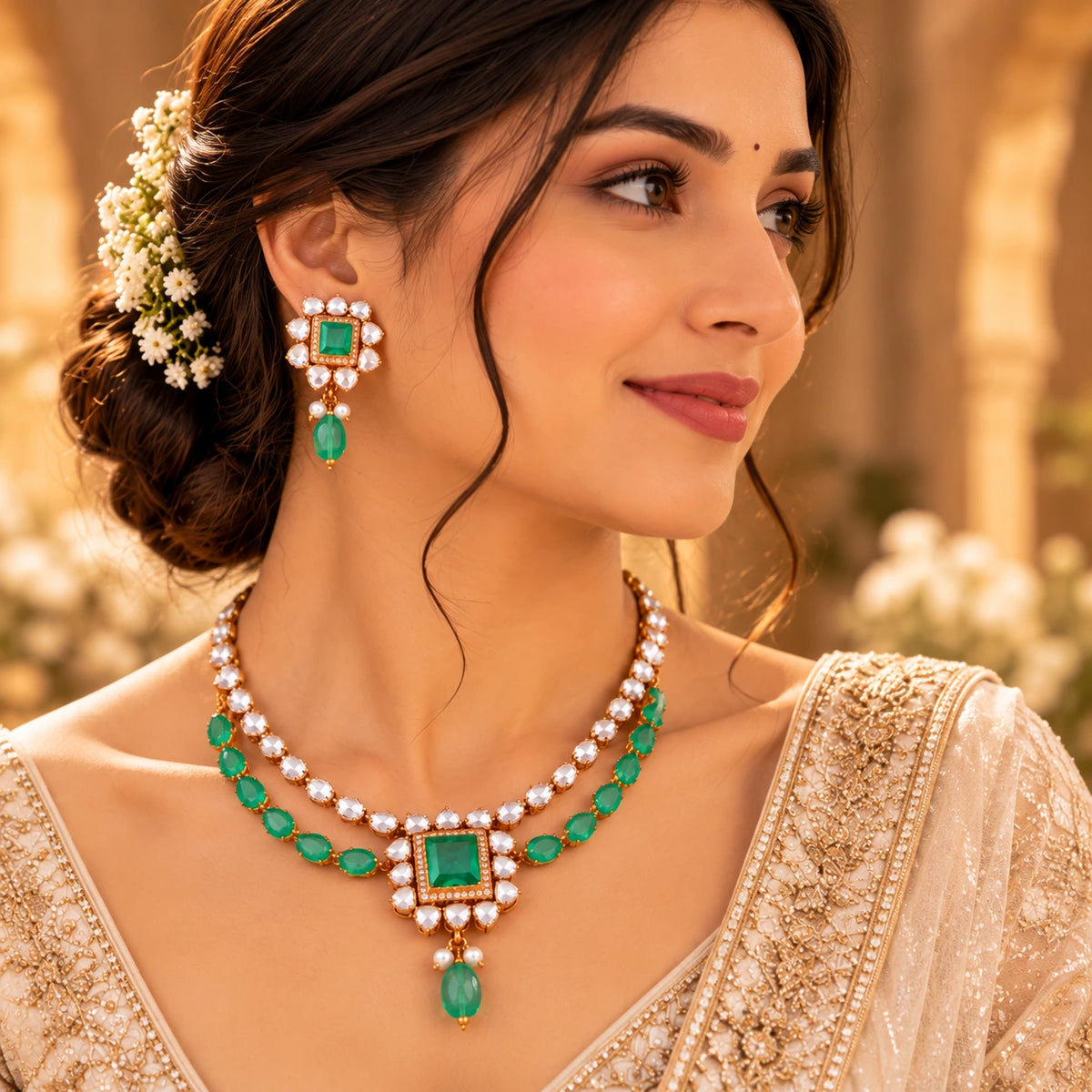 Gajaah 925 sterling silver necklace and earrings set with emerald accents, elegant jewelry for women in warm golden light.
