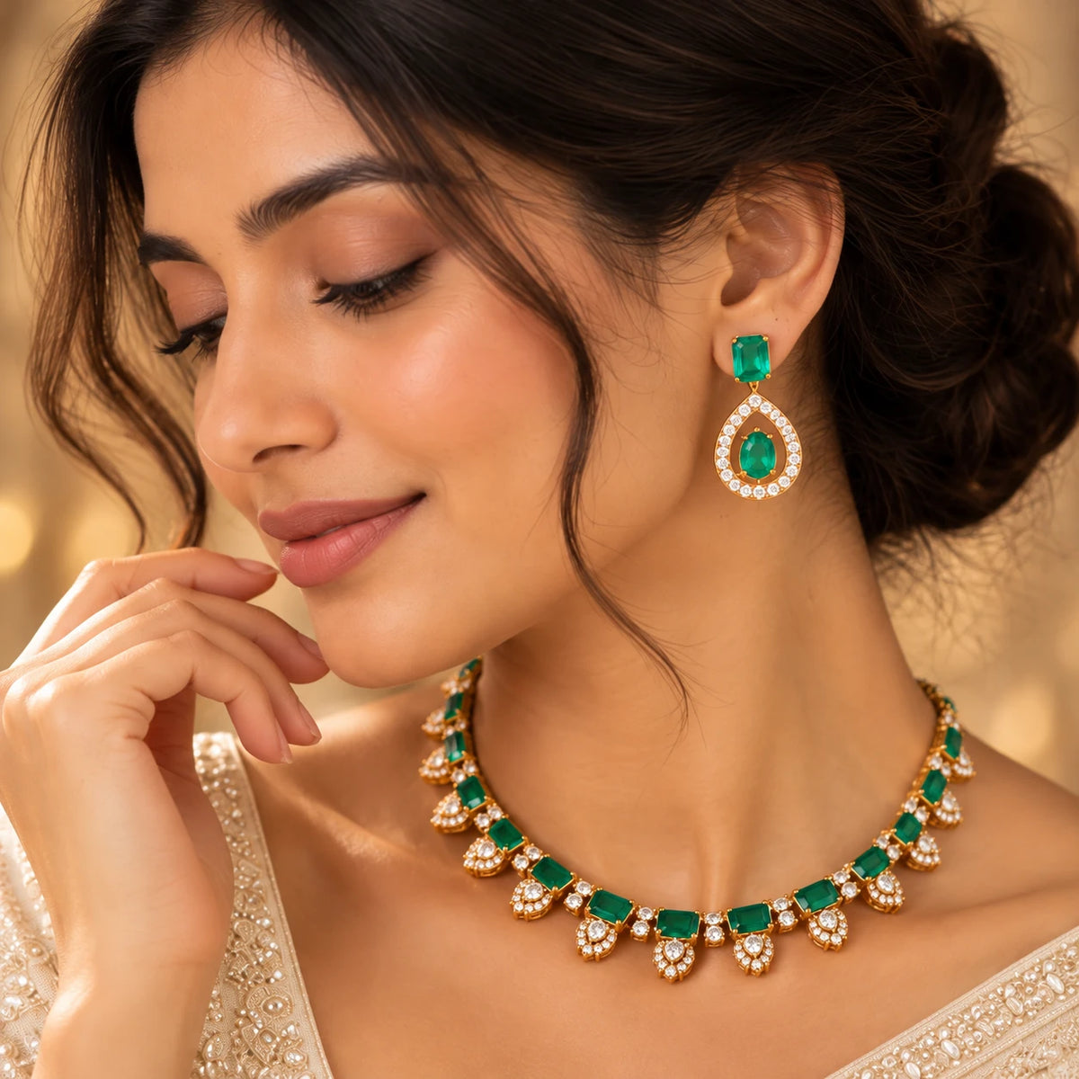 Gajaah 925 silver green stone necklace with gold-plated CZ, featuring an elegant design for festive and bridal occasions.