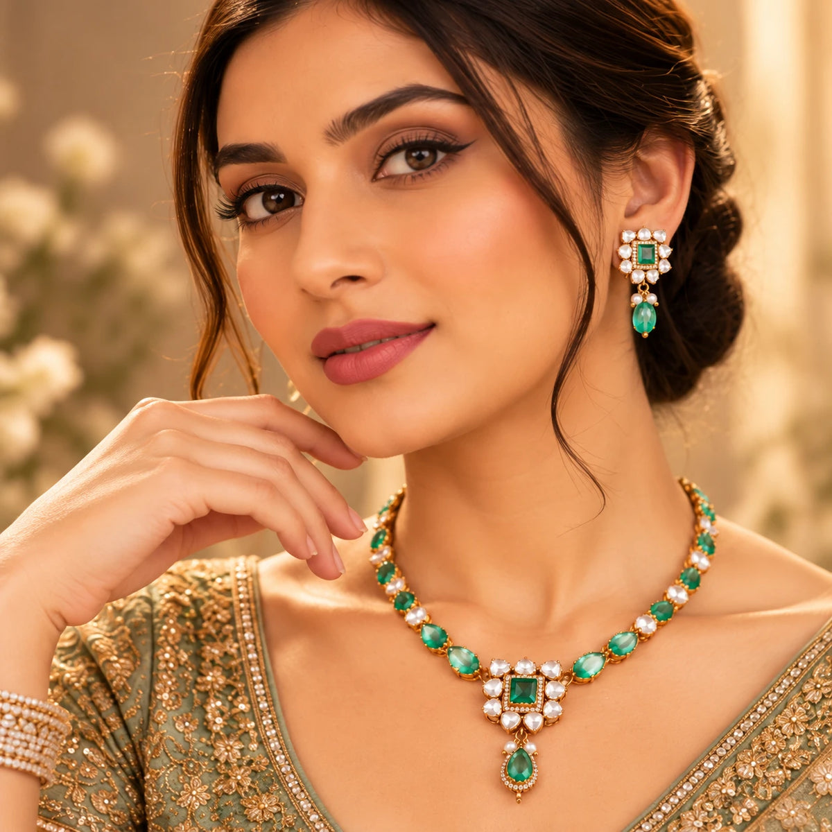 Gajaah 925 sterling silver necklace with matching earrings set, featuring elegant emerald-inspired design in golden light.