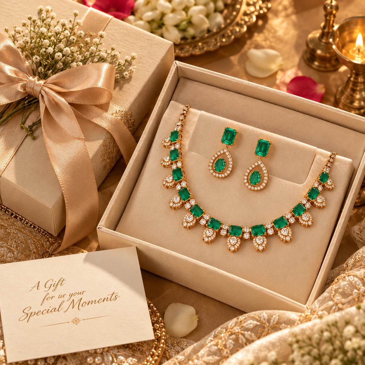 Gajaah 925 silver green stone necklace with gold-plated CZ choker, festive and bridal ethnic jewelry for women.