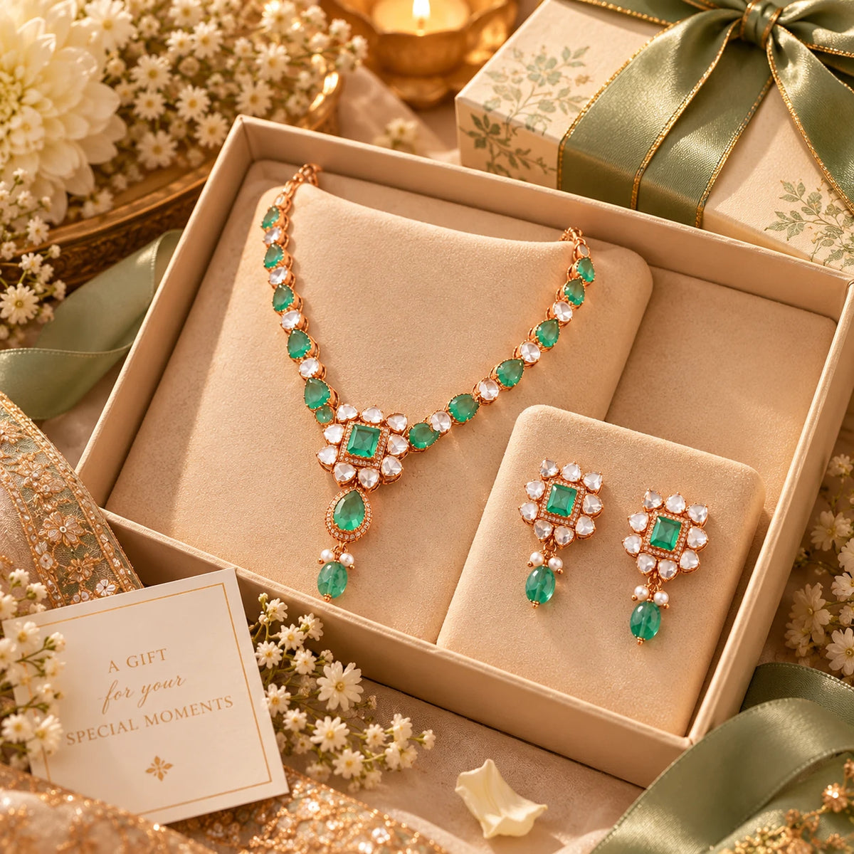Gajaah 925 sterling silver necklace and earrings set with emerald accents, elegant and minimal jewelry for women.