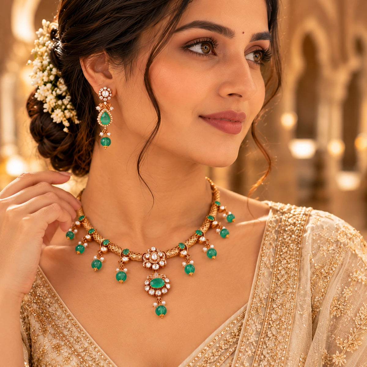 Gajaah sterling silver emerald green necklace and earrings set with traditional design, shown on a golden background.