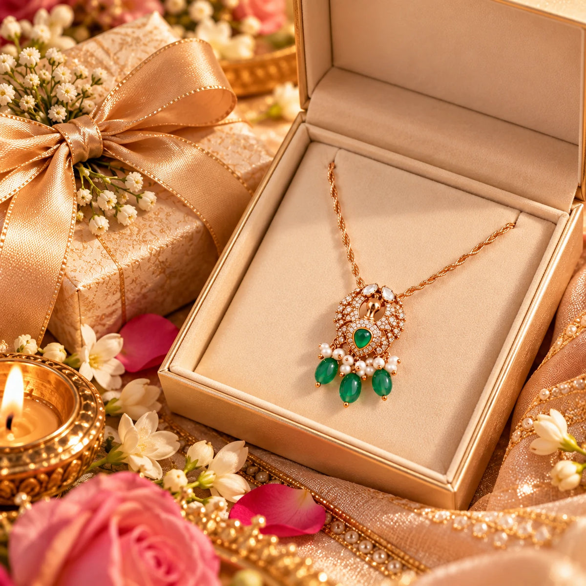 Gajaah 925 sterling silver emerald pendant necklace with green stone and crystal halo, displayed in a golden gift setting for women