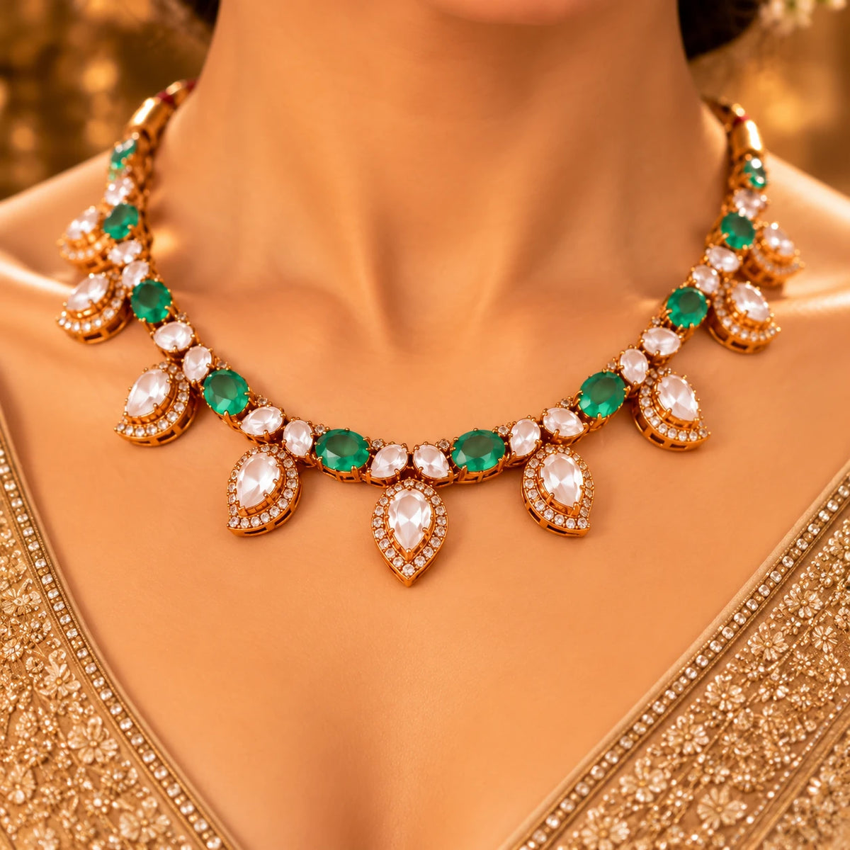 Gajaah 925 sterling silver emerald and diamond bridal choker necklace with matching earrings, festive jewelry set.