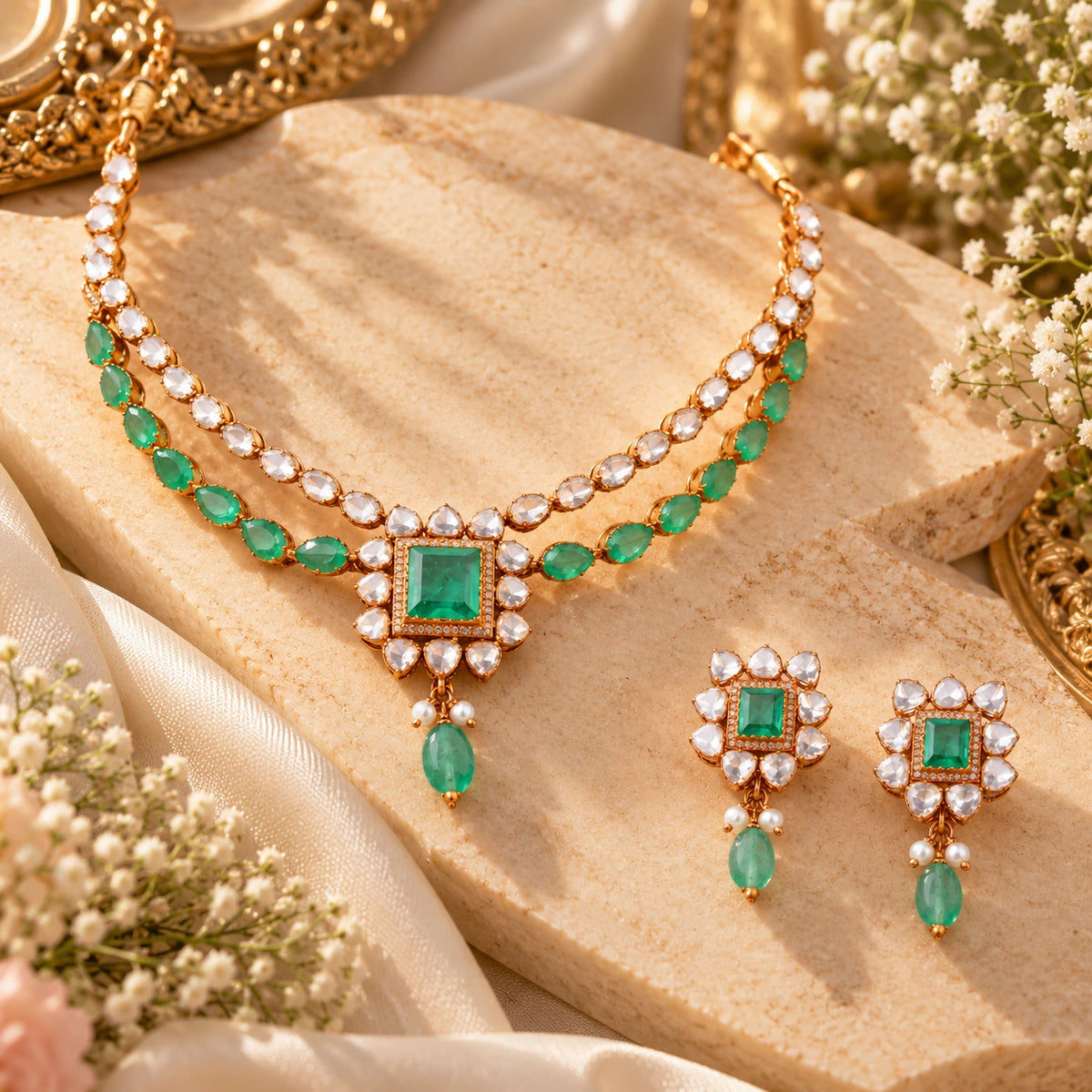 Gajaah 925 sterling silver necklace and earrings set with emerald and diamond accents, elegant bridal jewelry for women