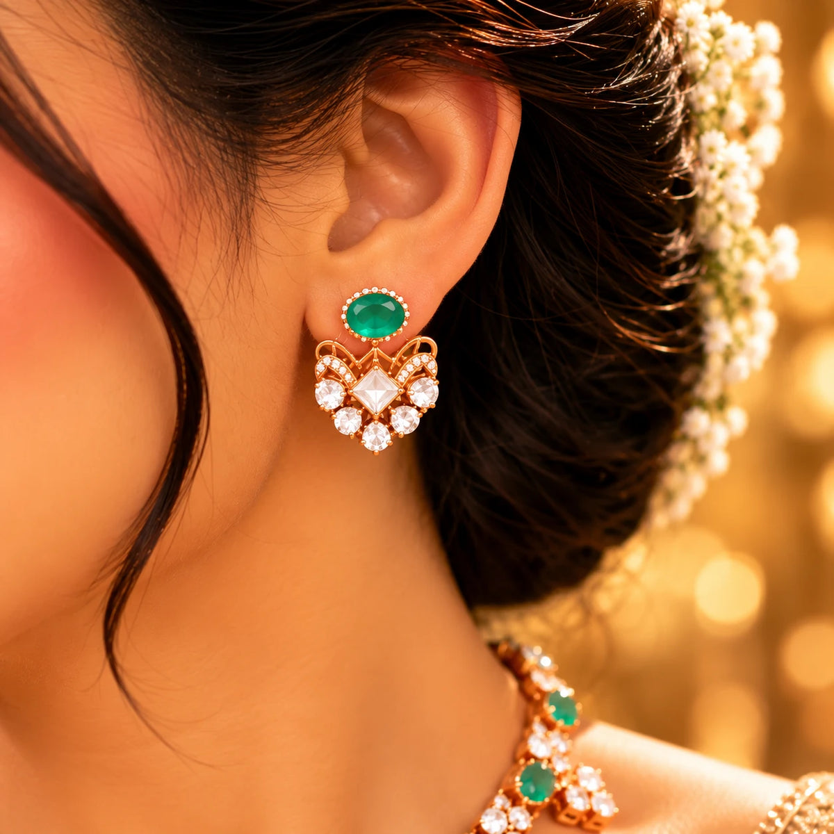 Gajaah 925 sterling silver emerald necklace and earrings set with gold accents, perfect for bridal and festive occasions