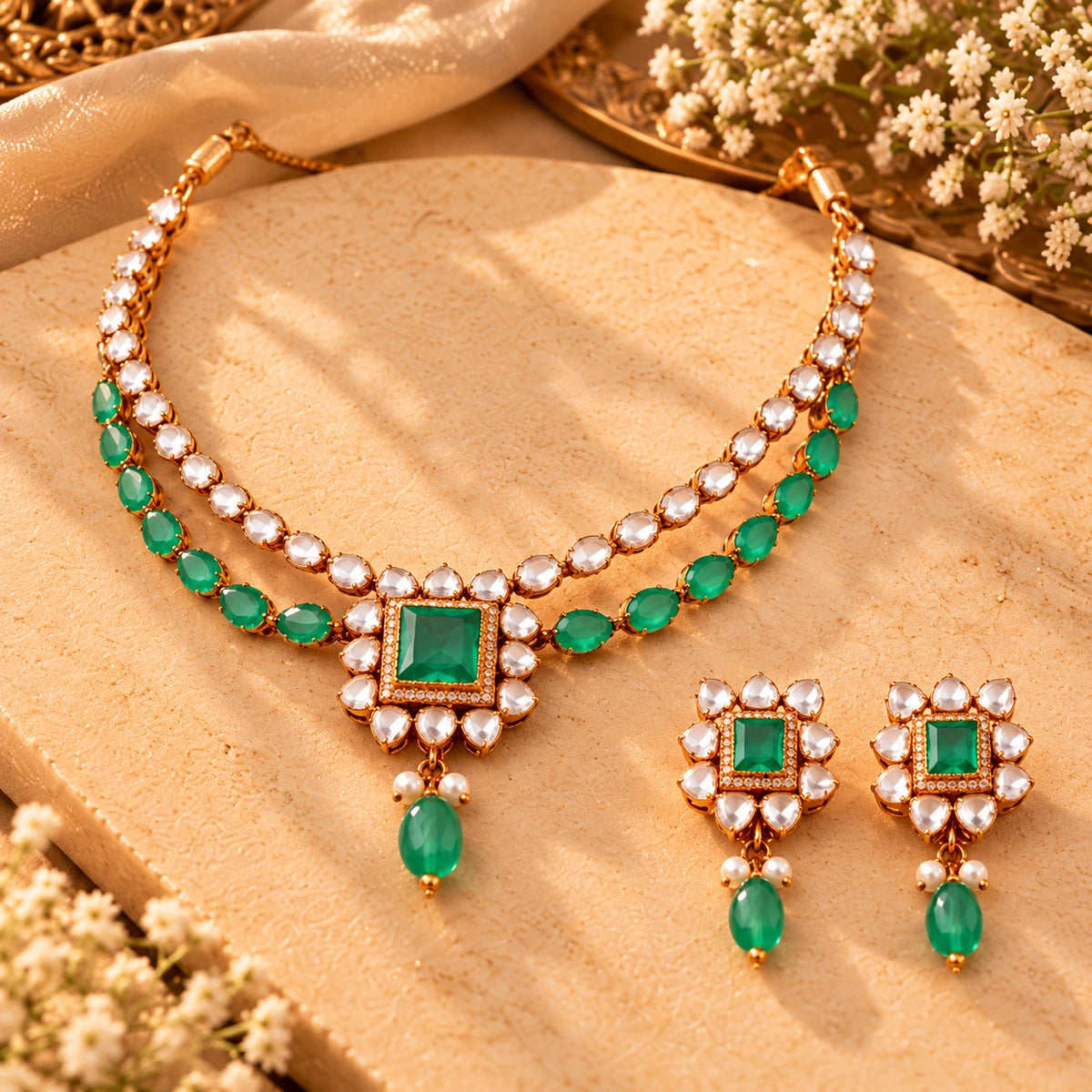 Gajaah 925 sterling silver necklace and earrings set with emerald and pearl accents, elegant bridal jewelry for women.