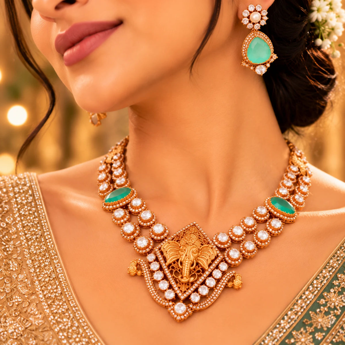 Gajaah 925 Sterling Silver Emerald Necklace and Earrings set featuring Ganesha temple design for bridal or festive jewelry.