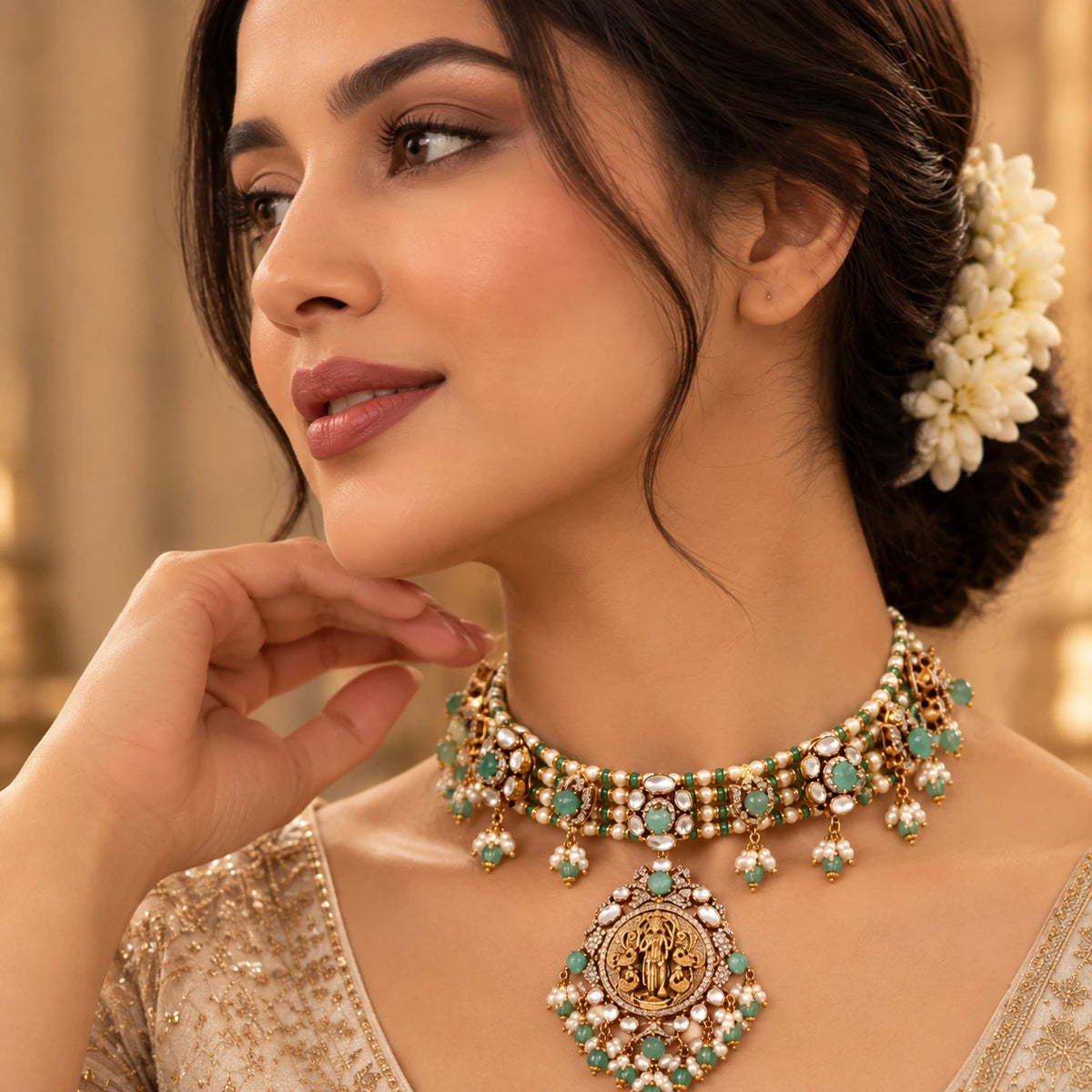 Gajaah sterling silver Kundan necklace with gold-plated ruby enamel pendant, worn as a glamorous bridal jewelry piece.