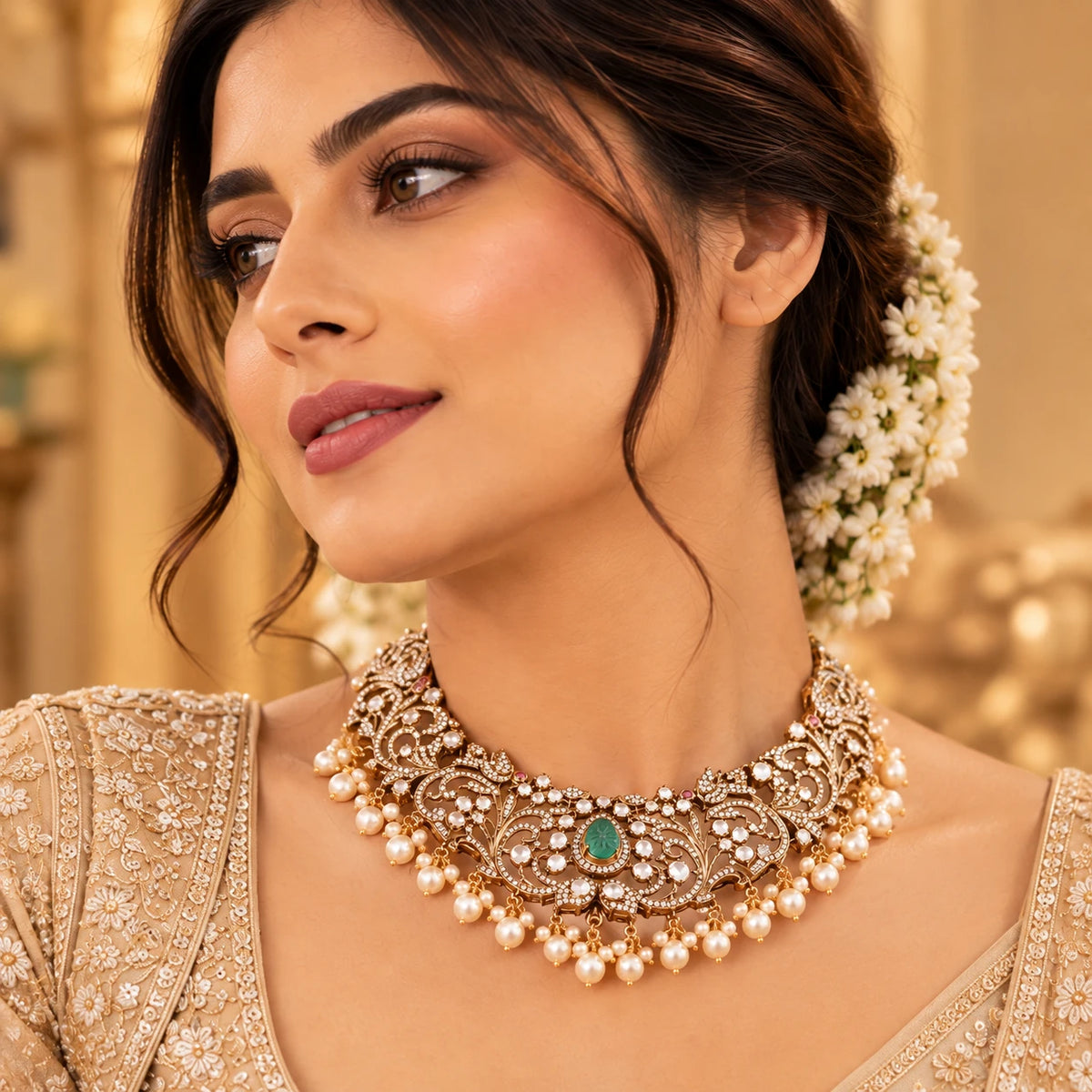 Gajaah 925 sterling silver emerald choker necklace for women, perfect for bridal and festive occasions, with matching earrings.