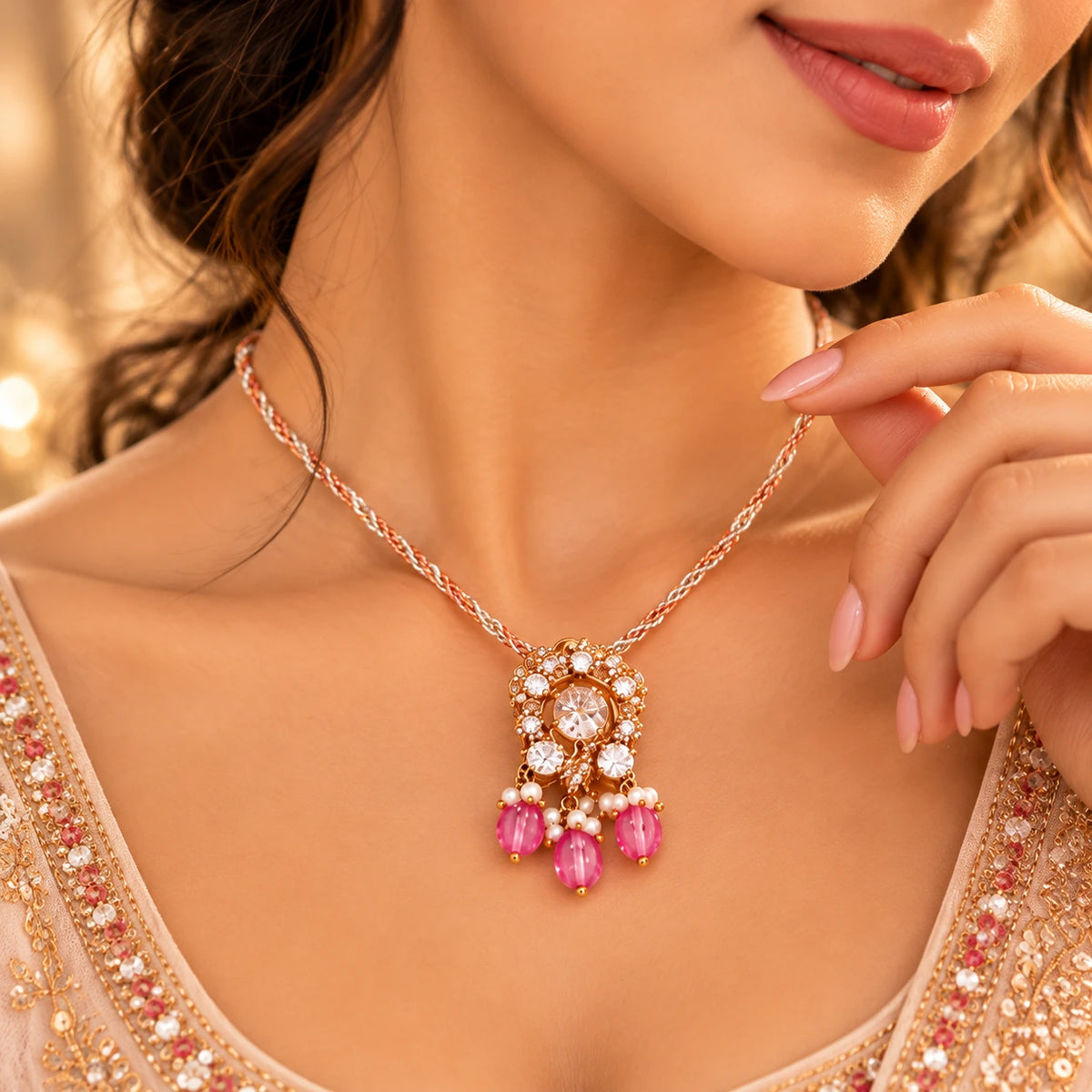 Gajaah 925 sterling silver emerald pendant necklace with crystal halo, featuring a green stone and elegant design.