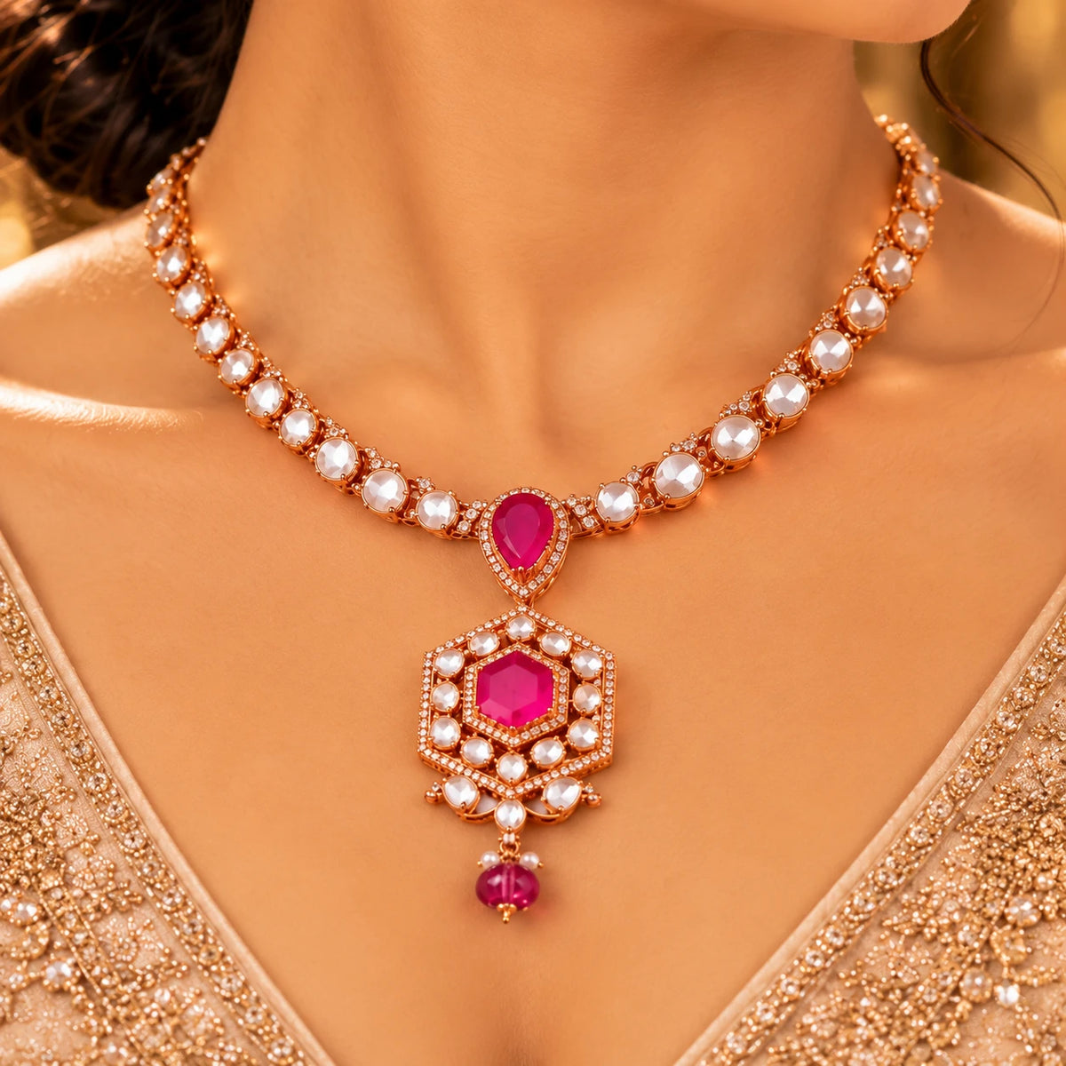Close-up of Gajaah 925 sterling silver bridal necklace featuring a glamorous ruby pendant for women.