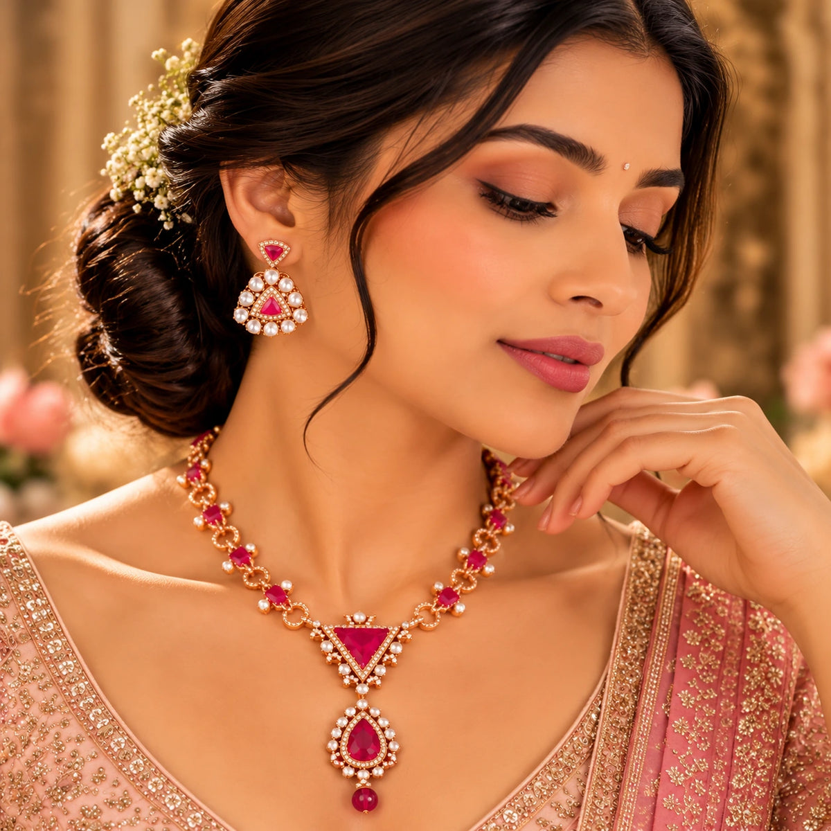 Gajaah 925 sterling silver necklace and earrings set with glamorous ruby accents, elegant bridal jewelry for women.