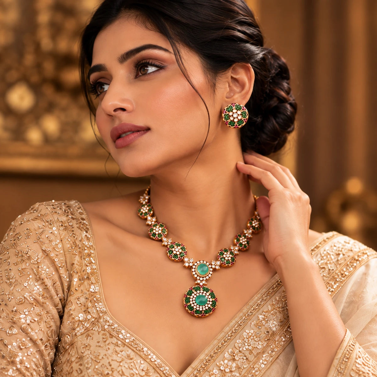 Gajaah sterling silver emerald necklace and earrings set with intricate golden accents, perfect for bridal or festive occasions.