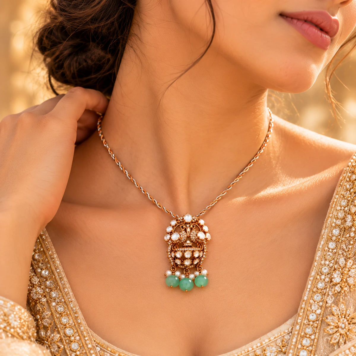 Gajaah 925 sterling silver emerald pendant necklace with green stone and crystal halo, elegant jewelry for women.
