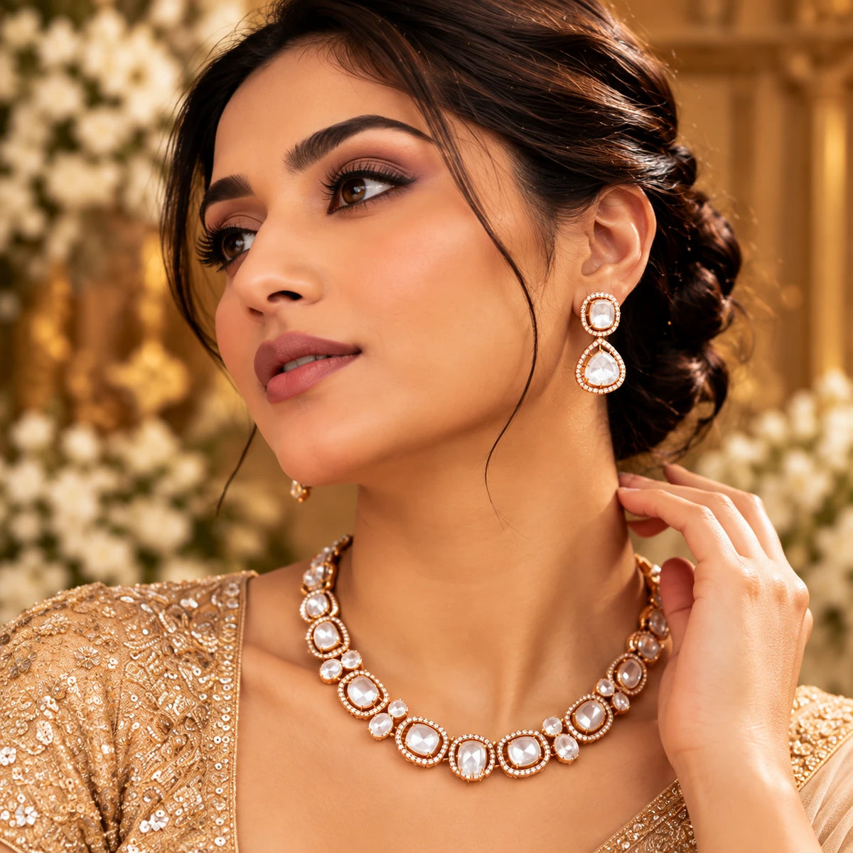 Elegant Gajaah 925 sterling silver emerald necklace set with matching earrings, featuring golden floral design for bridal or festive occasions.