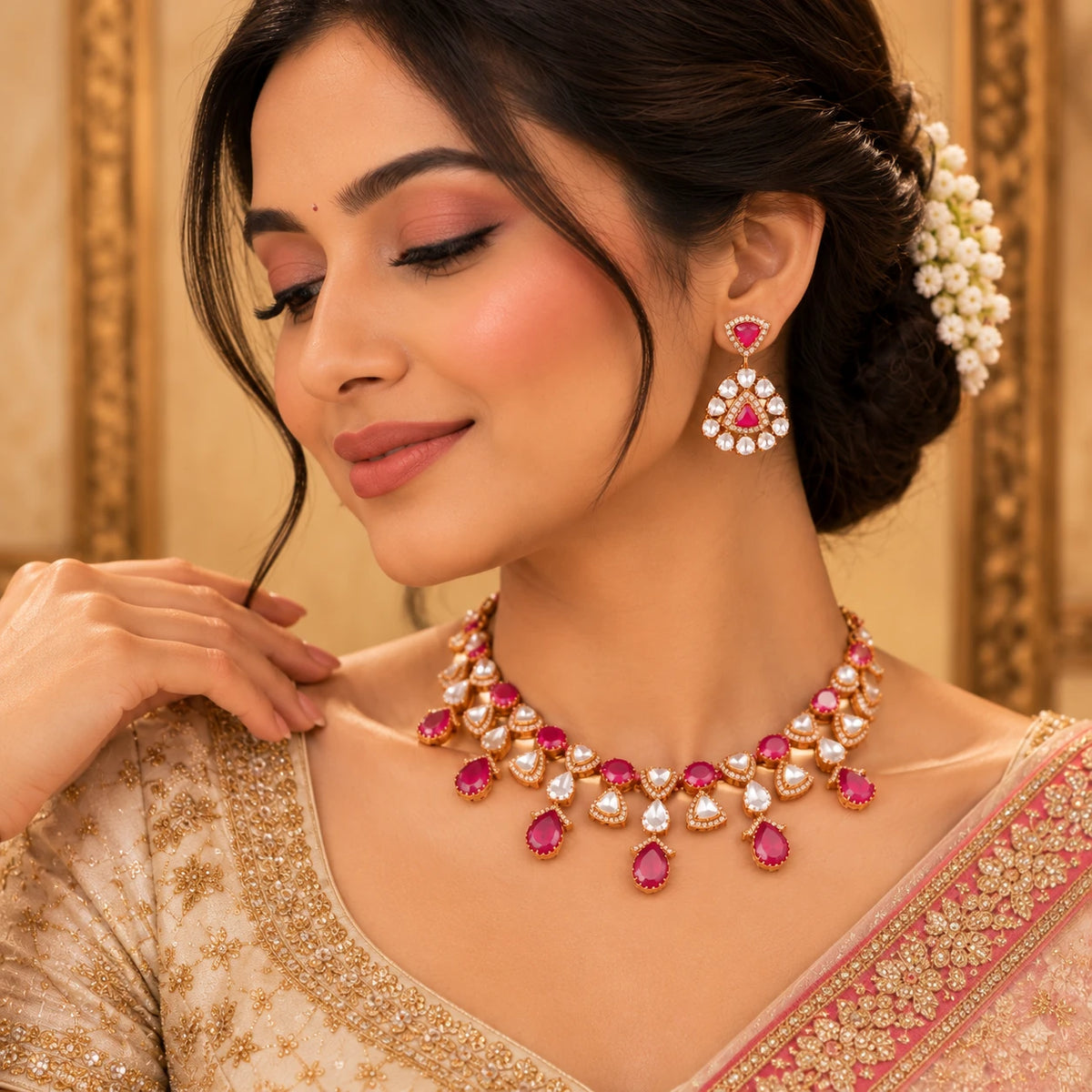 Gajaah 925 sterling silver emerald necklace and earrings set with gold finish, perfect for bridal and festive occasions.
