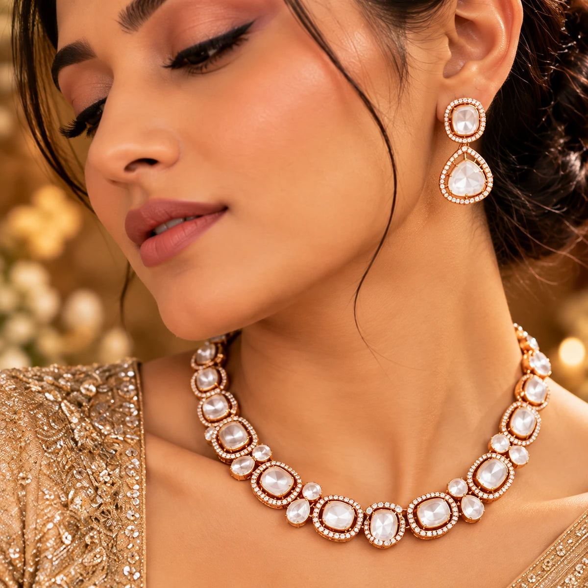 Gajaah 925 sterling silver emerald necklace and earrings set, golden bridal jewelry for women, elegant festive jewelry ensemble