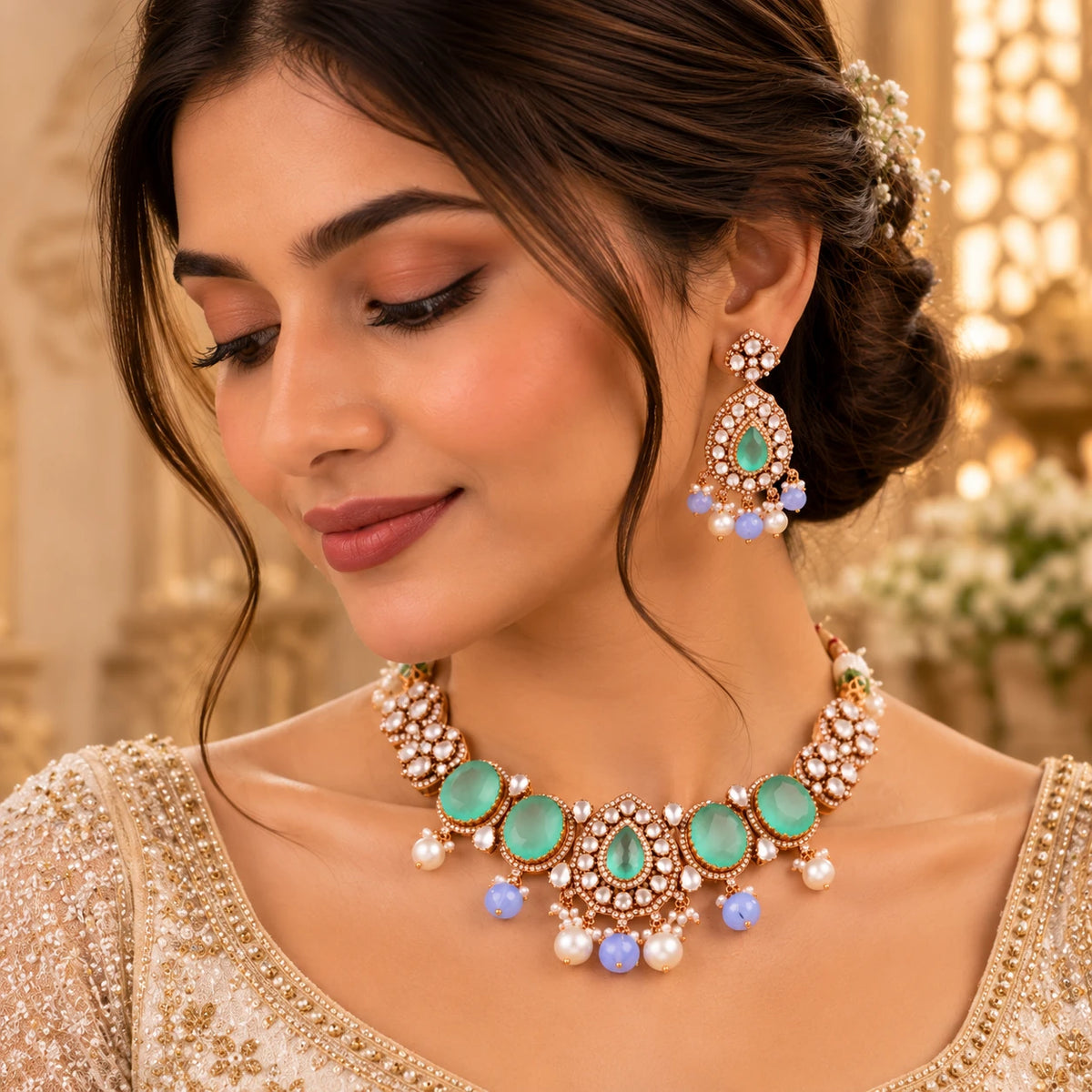 Gajaah 925 silver Kundan enamel necklace with gold plating, traditional lightweight bridal jewelry for women.