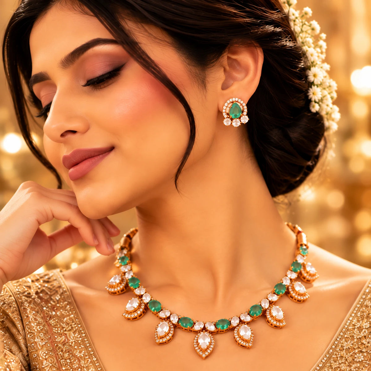 Gajaah 925 sterling silver emerald stone necklace and earrings set with intricate bridal gold-plated jewelry design.
