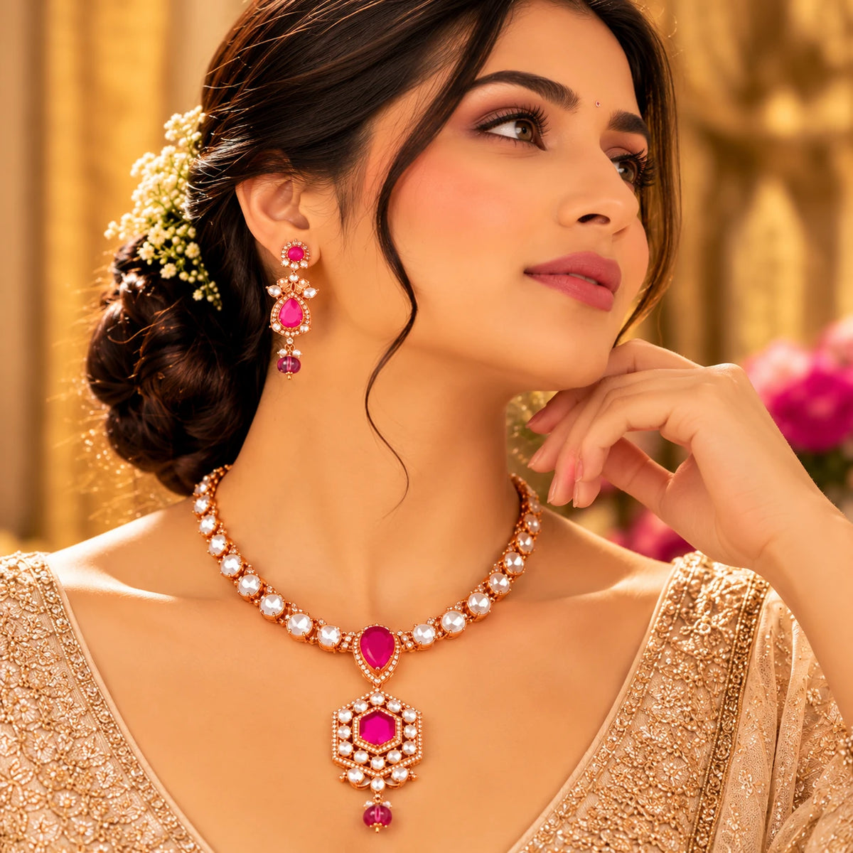 Gajaah sterling silver necklace and earrings set for women featuring elegant minimal design with a golden bridal jewelry style.