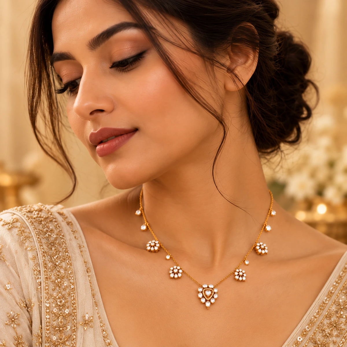 Gajaah 925 sterling silver emerald pendant necklace with crystal halo, showcasing a golden bridal necklace with intricate design.
