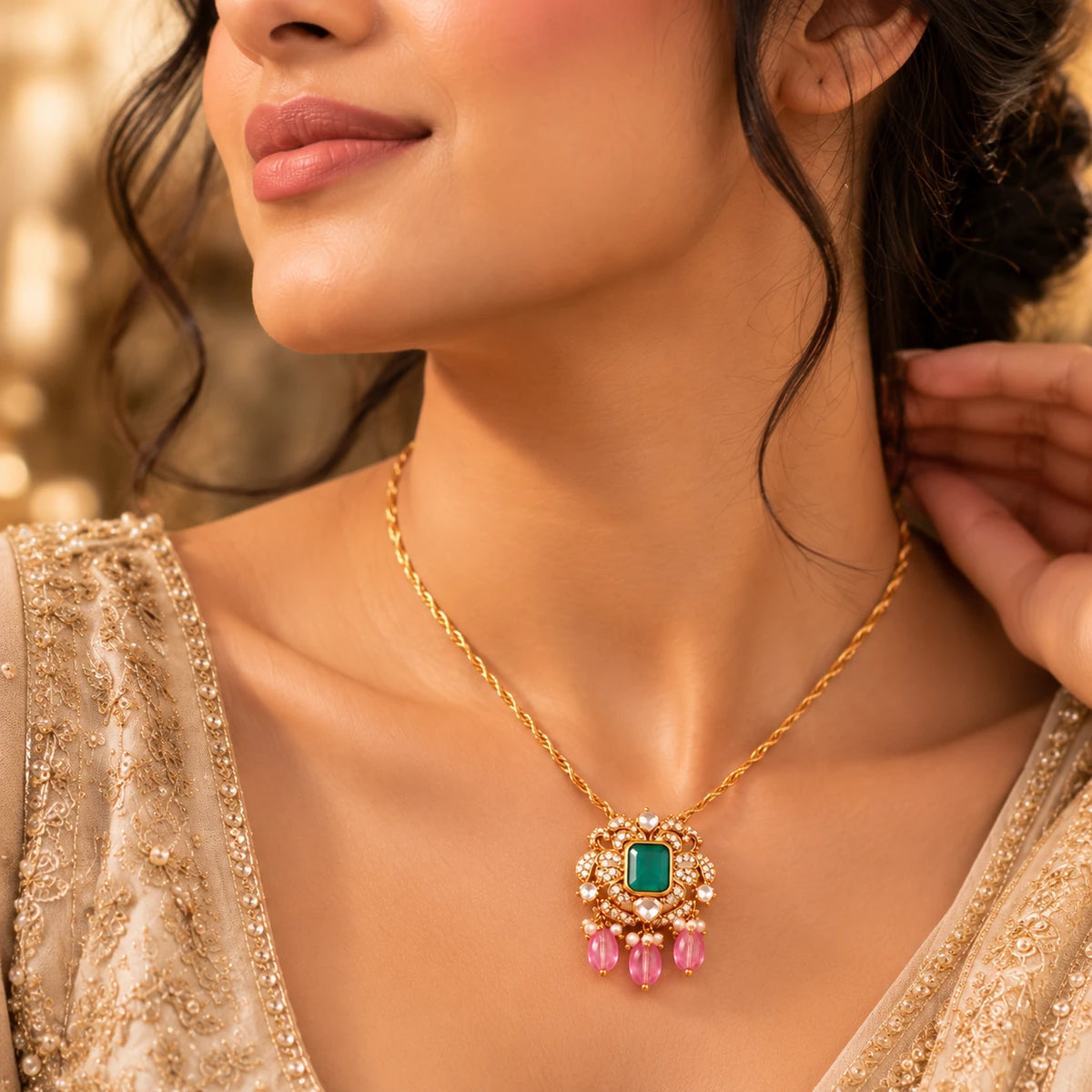 Gajaah 925 sterling silver emerald pendant necklace with crystal halo, featuring a green emerald stone for women.