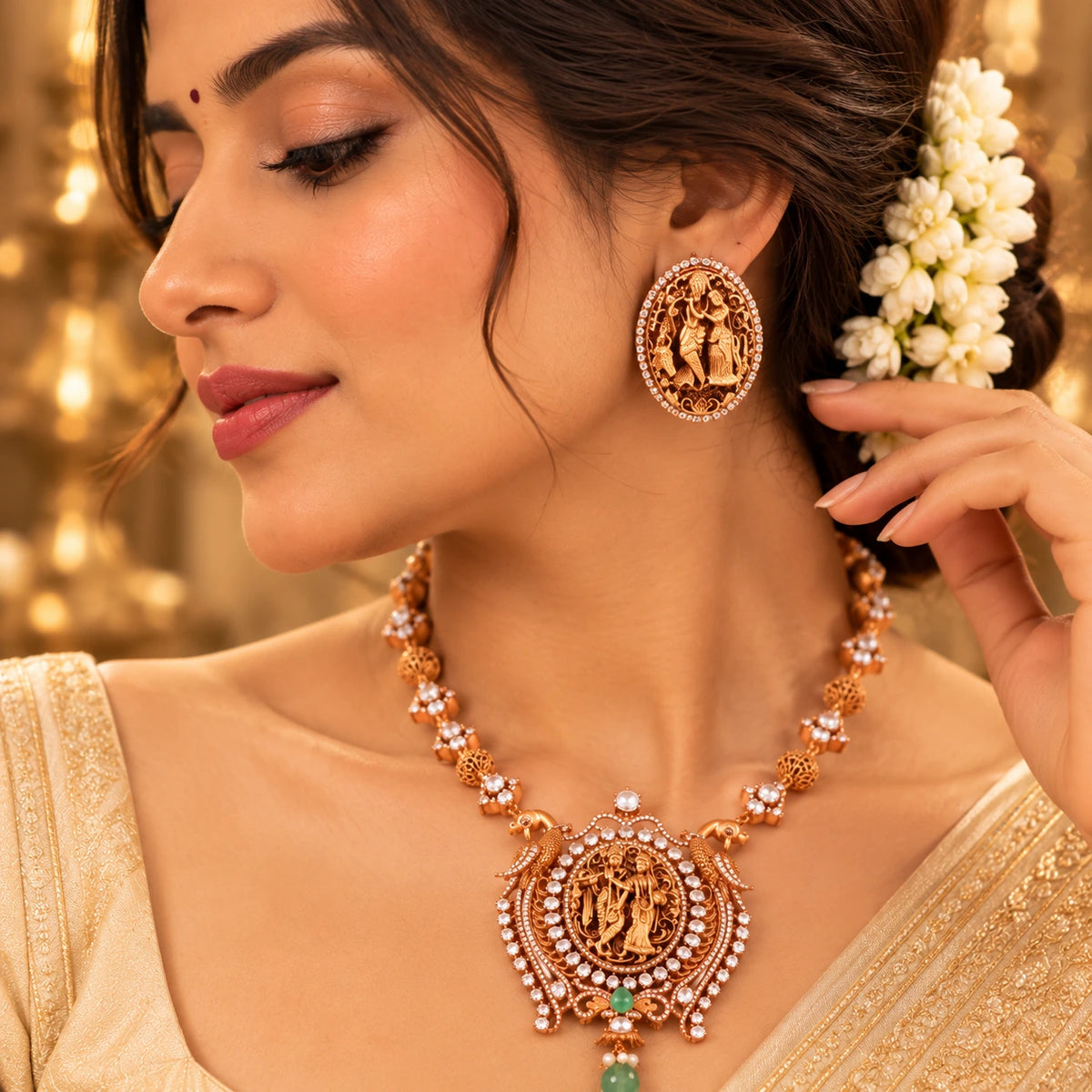 Gajaah 925 Sterling Silver Kundan necklace with ruby enamel, gold-plated traditional jewelry for women, bridal jewelry portrait.