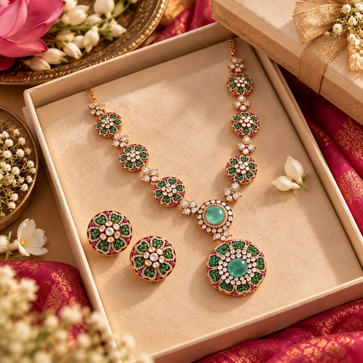 Gajaah 925 sterling silver emerald stone necklace and earrings set with intricate design, perfect for bridal or festive occasions