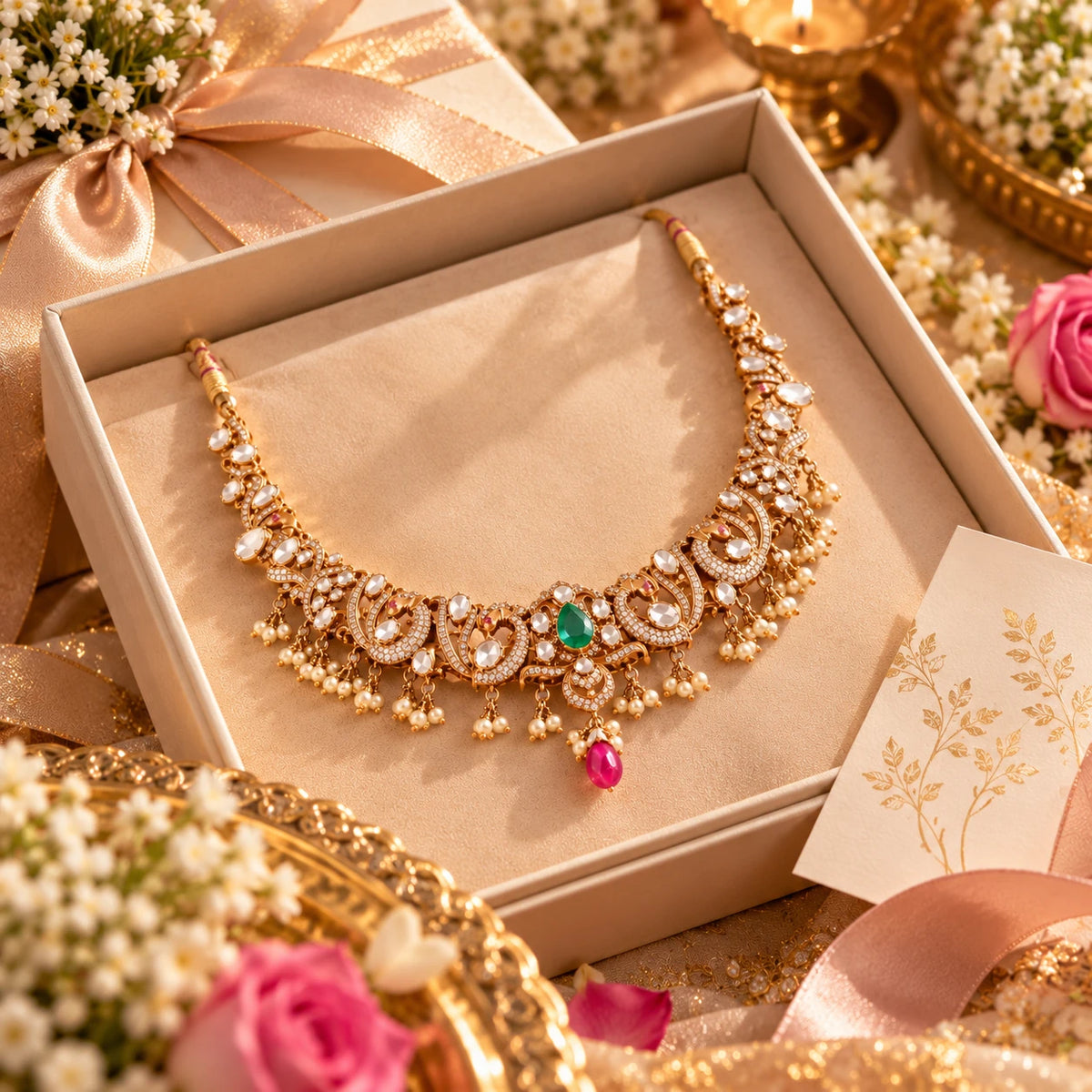 Gajaah 925 sterling silver emerald necklace with matching earrings set, elegant bridal and festive jewelry for women.