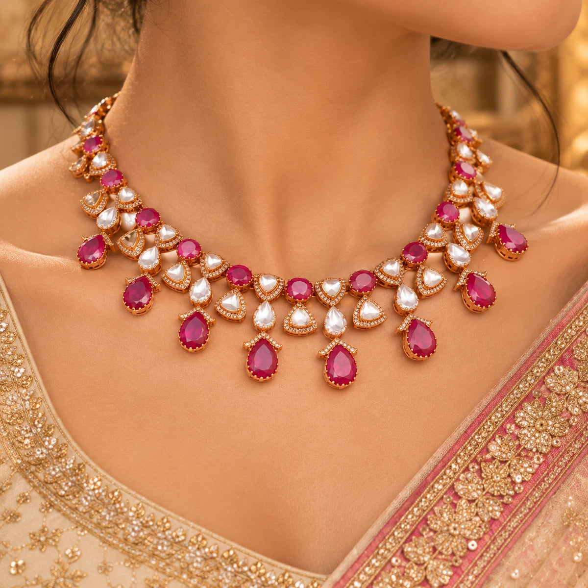 Gajaah 925 sterling silver emerald necklace and earrings set featuring a luxurious ruby and diamond choker design for women.