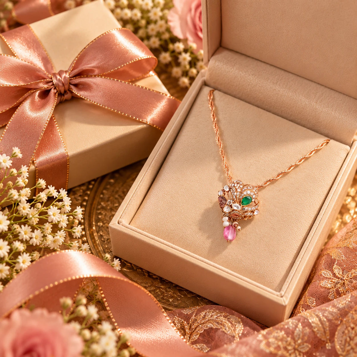 Gajaah 925 sterling silver necklace with emerald crystal pendant, featuring a green stone and rose gold accents for women
