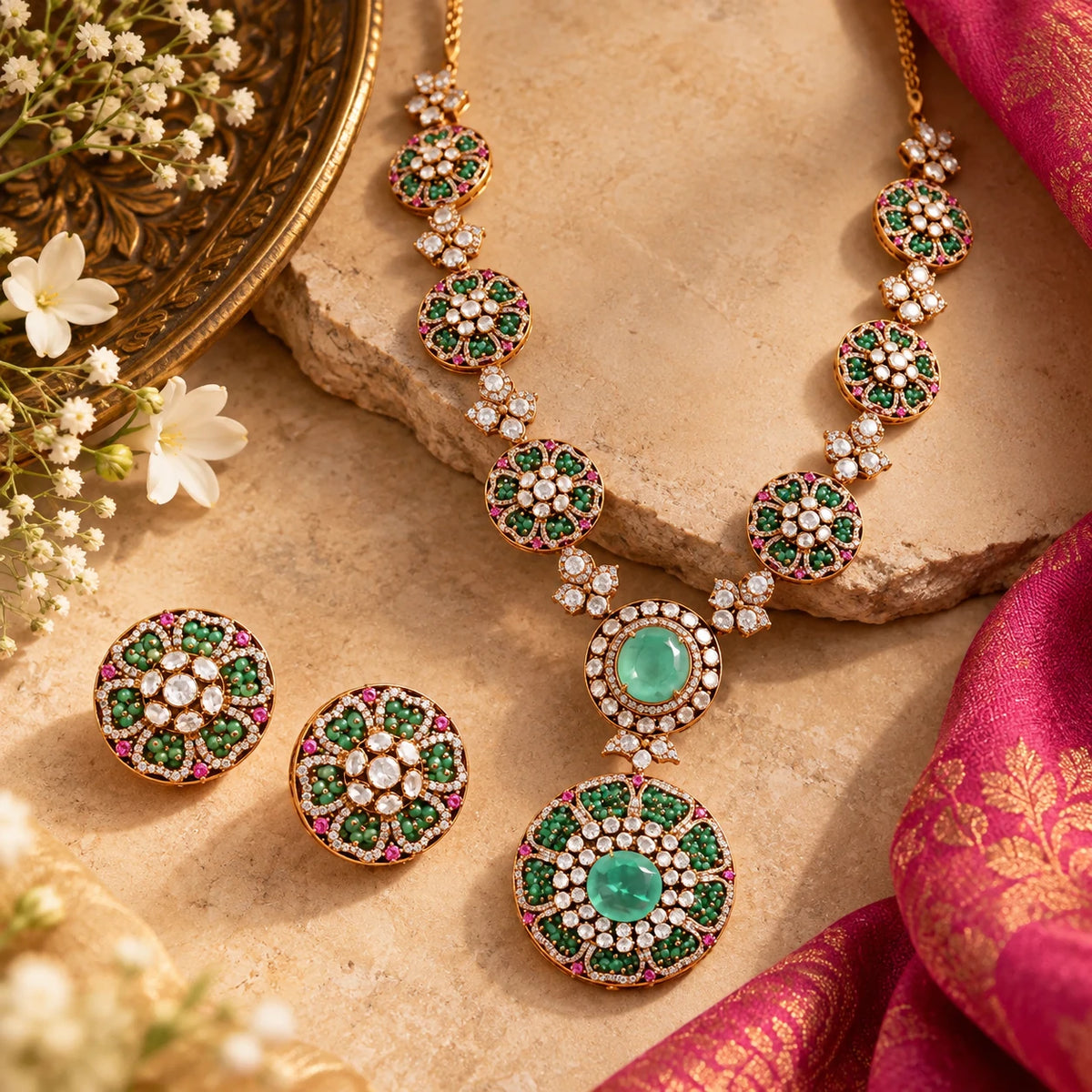 Gajaah 925 sterling silver emerald and ruby bridal jewelry set with necklace and earrings featuring vibrant gemstones and intricate designs