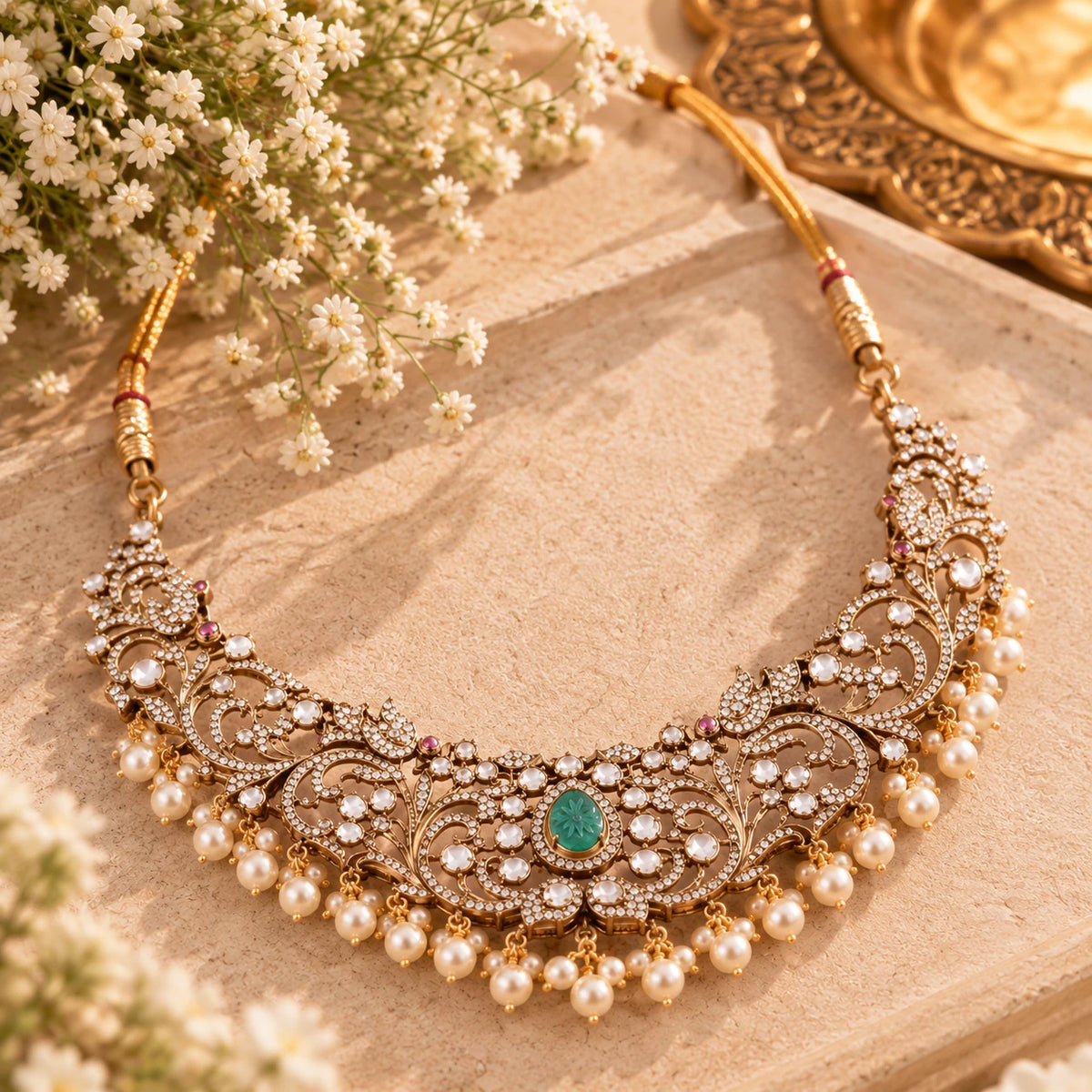 Gajaah 925 sterling silver bridal necklace with emerald and kundan design, matching earrings, ornate festive jewelry for women