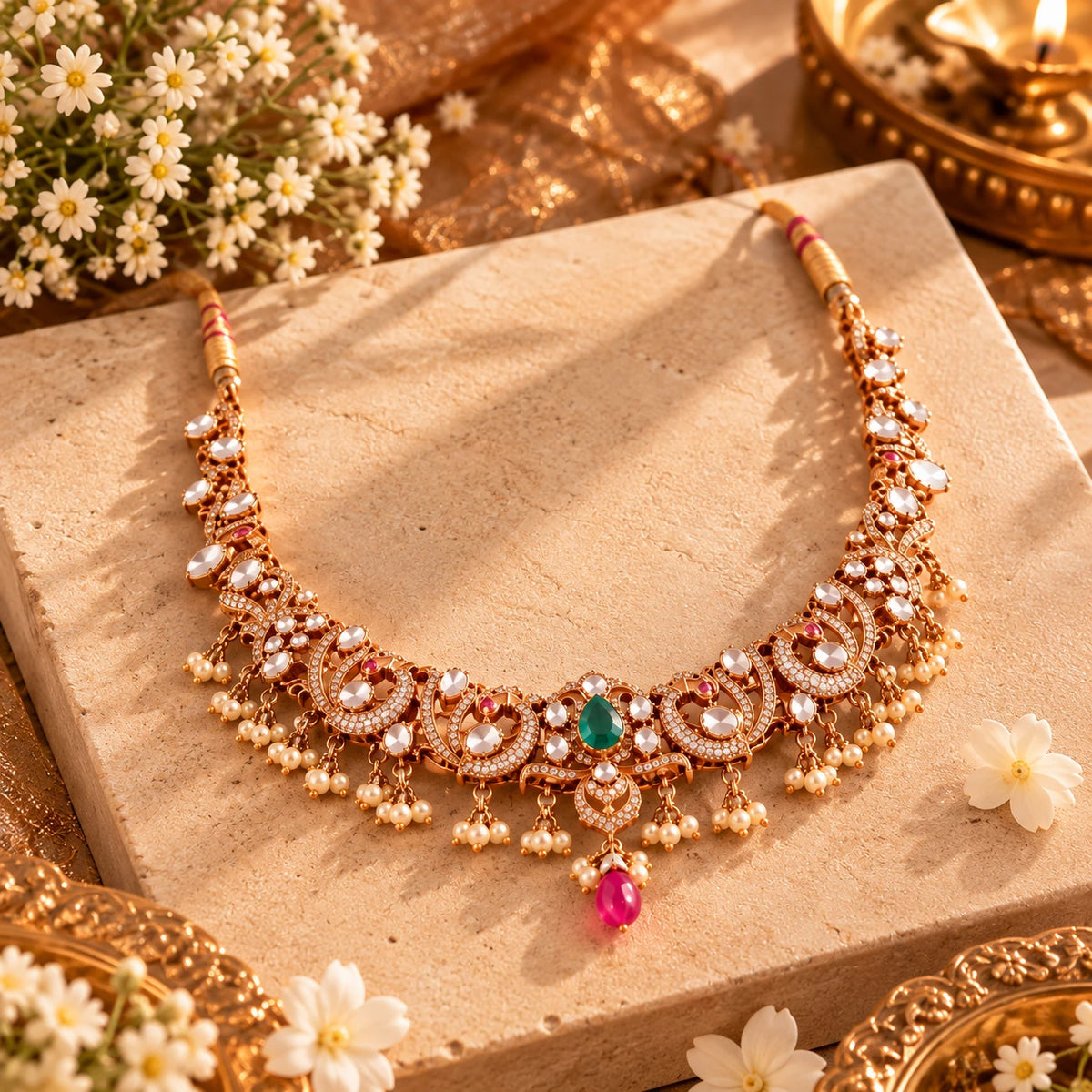 Gajaah 925 sterling silver emerald and pearl bridal necklace with matching earrings, ornate festive jewelry for women.