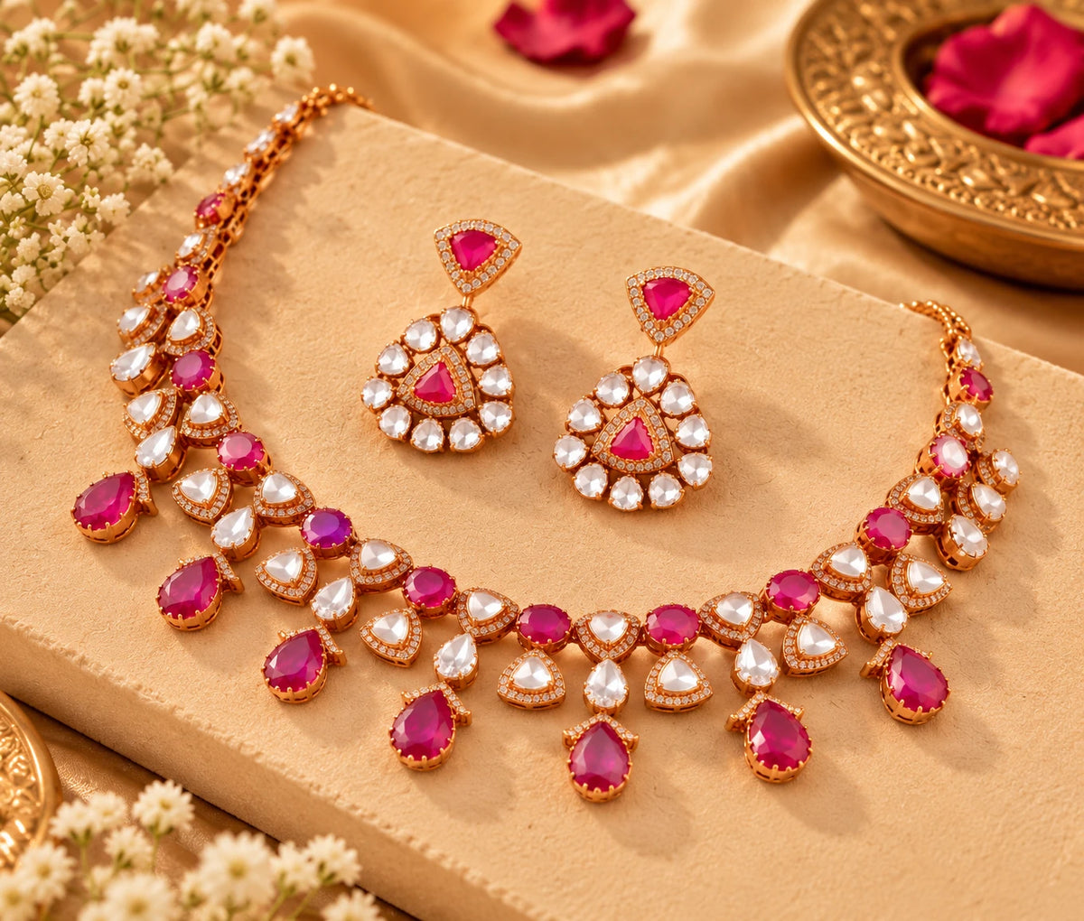 Elegant Gajaah 925 sterling silver emerald necklace and earrings set with ruby and diamond accents, perfect for bridal and festive occasions.