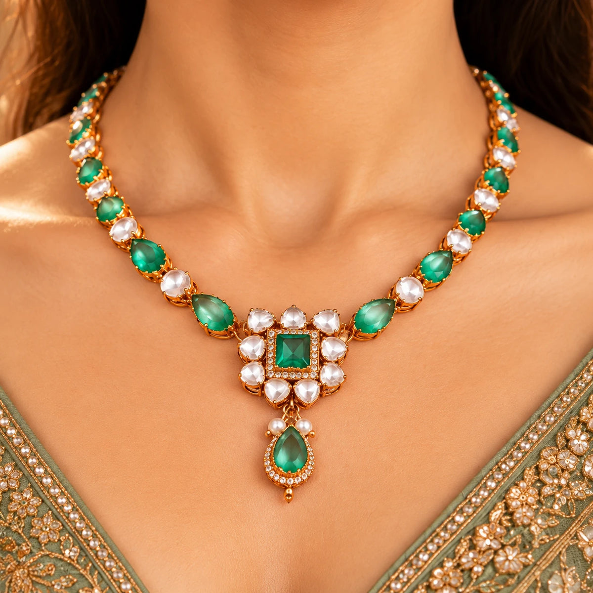 Gajaah 925 sterling silver necklace with ornate emerald pendant, paired with matching earrings, minimal and elegant jewelry for women