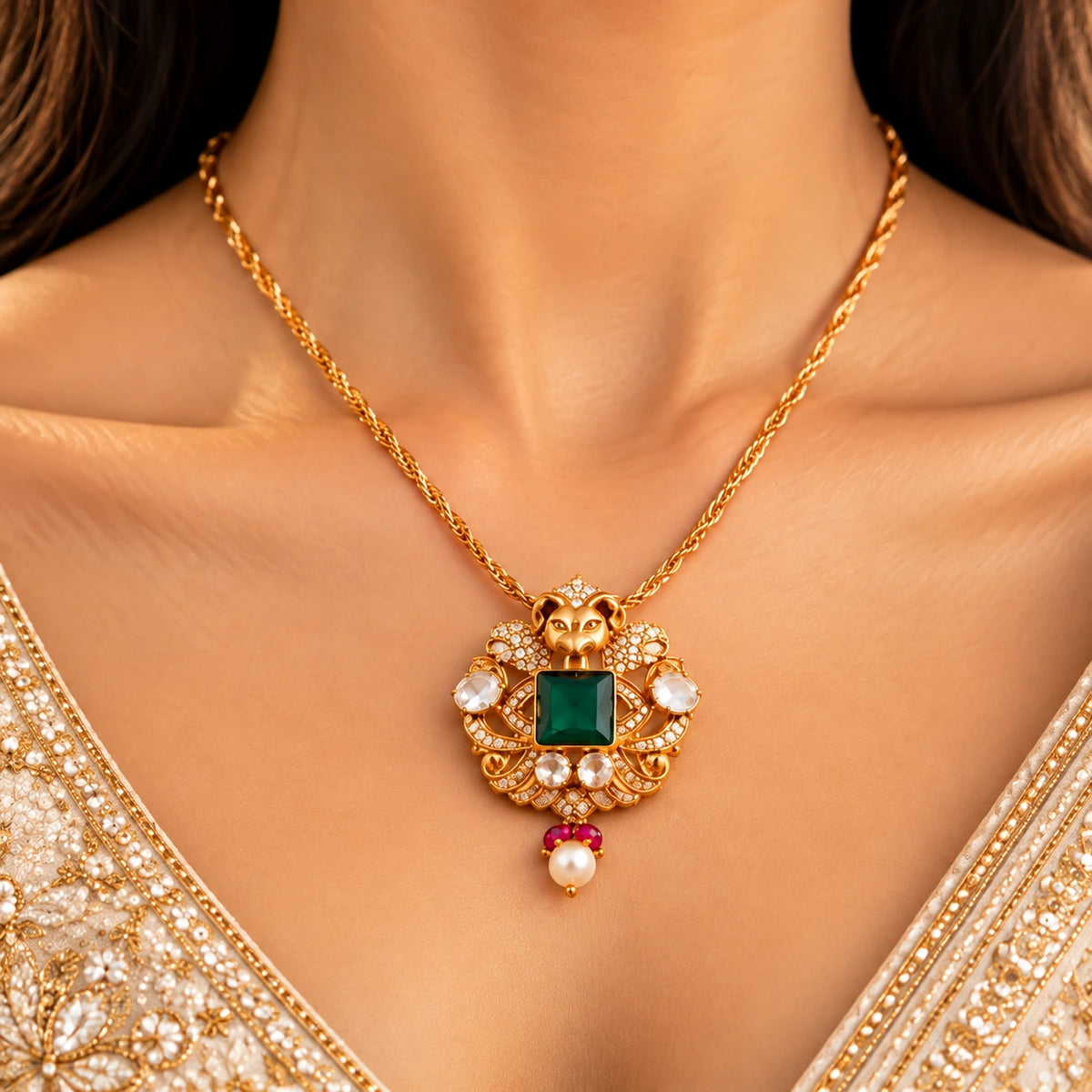 Gajaah 925 sterling silver emerald lion pendant necklace with green stone and crystal halo, elegant jewelry for women