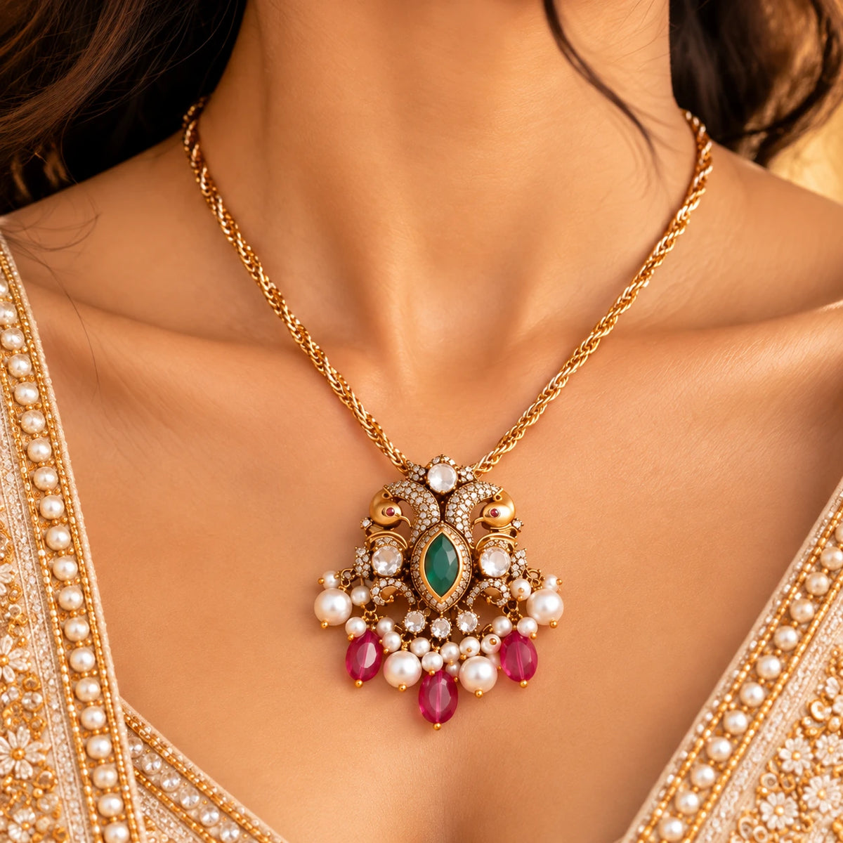 Gajaah 925 sterling silver emerald crystal pendant necklace with ornate design and pearl accents for women.